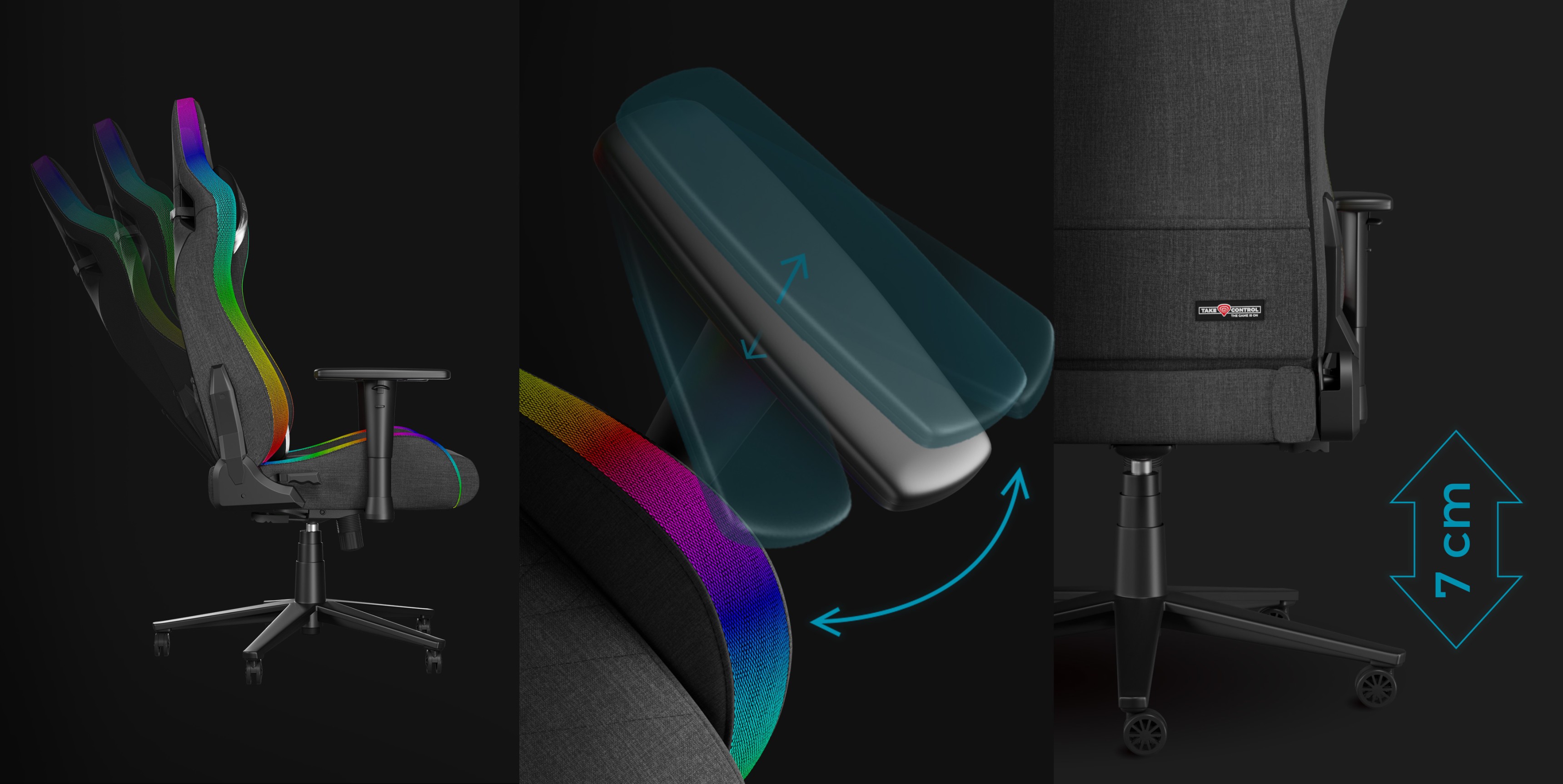 Fotel gamingowy z podświetleniem RGB, regulowanymi podłokietnikami i ergonomiczną konstrukcją z szarego materiału. Funkcjonalność pod wieloma kątami