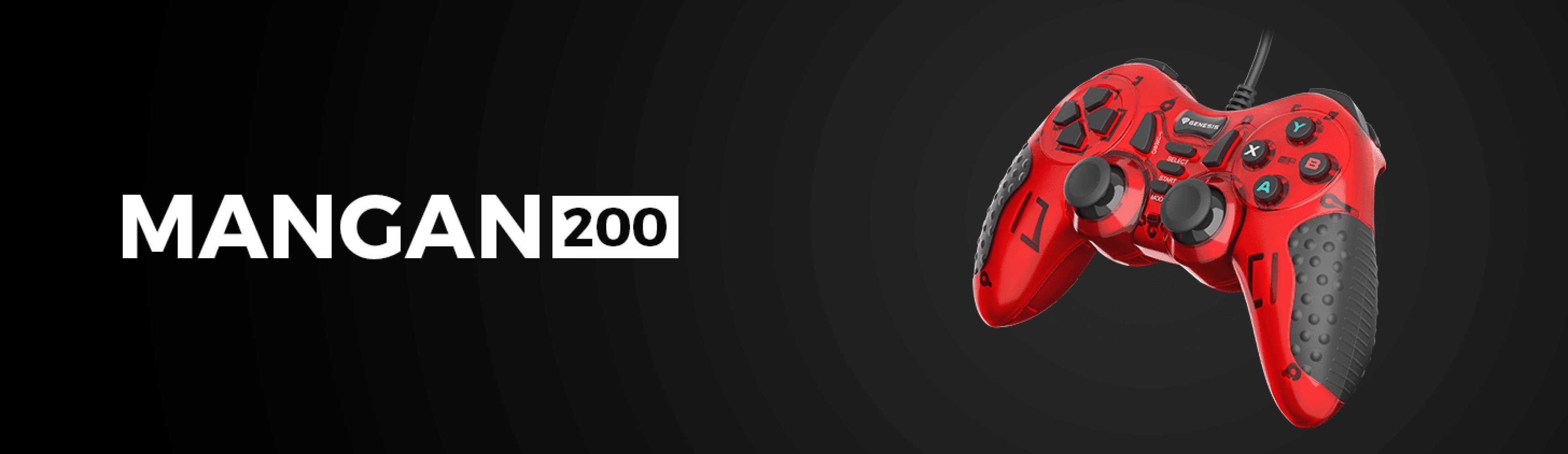 Czerwony przewodowy gamepad Genesis Mangan 200 do PC, wyposażony w dwa drążki analogowe i wiele przycisków akcji