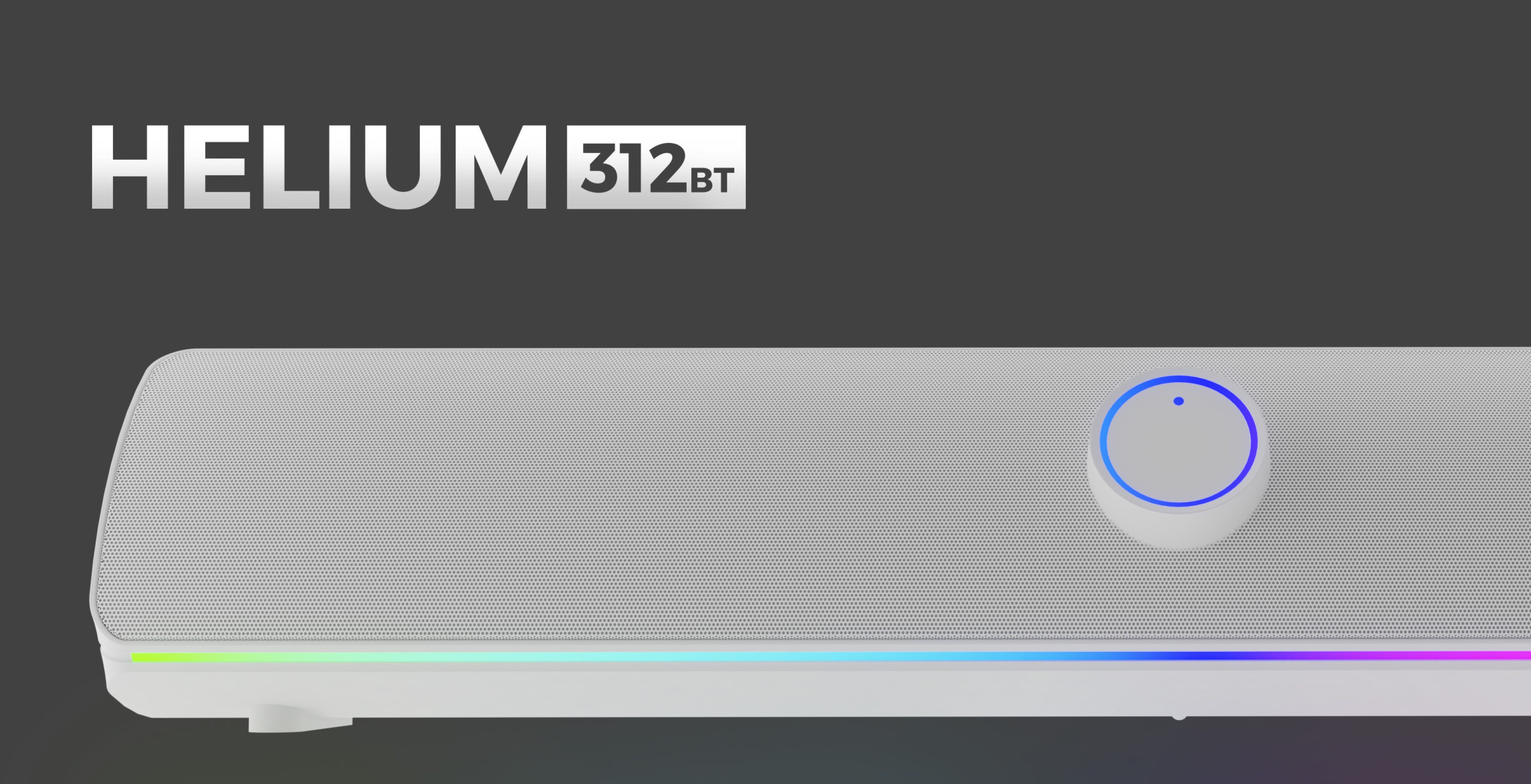 Biały soundbar Bluetooth o eleganckim wyglądzie, wyposażony w pokrętło sterowania i kolorowe akcenty świetlne. Model: HELIUM 312BT