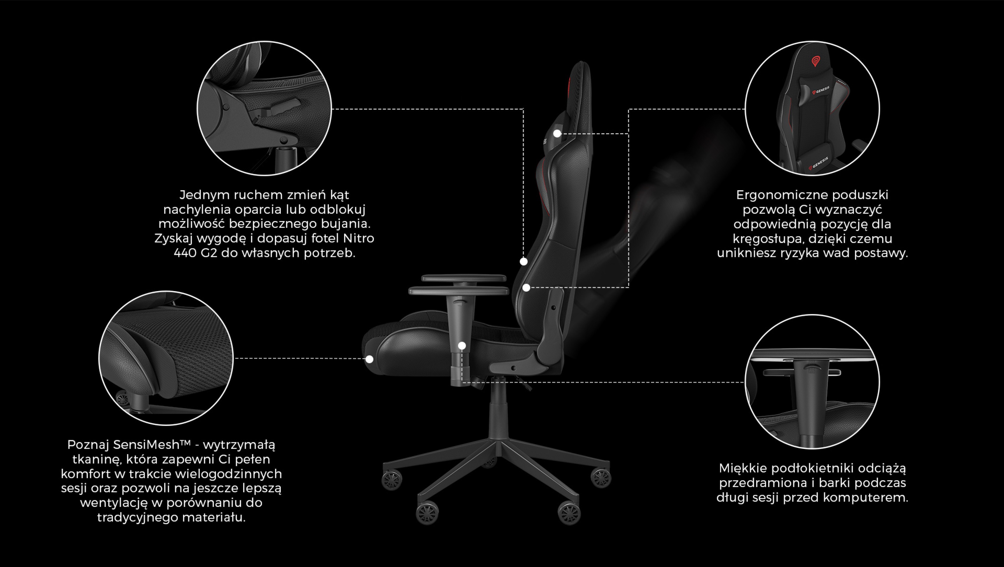 Czarny fotel gamingowy Genesis Nitro 440 G2, charakteryzujący się ergonomiczną konstrukcją i regulowanymi elementami zapewniającymi komfort podczas długiego użytkowania