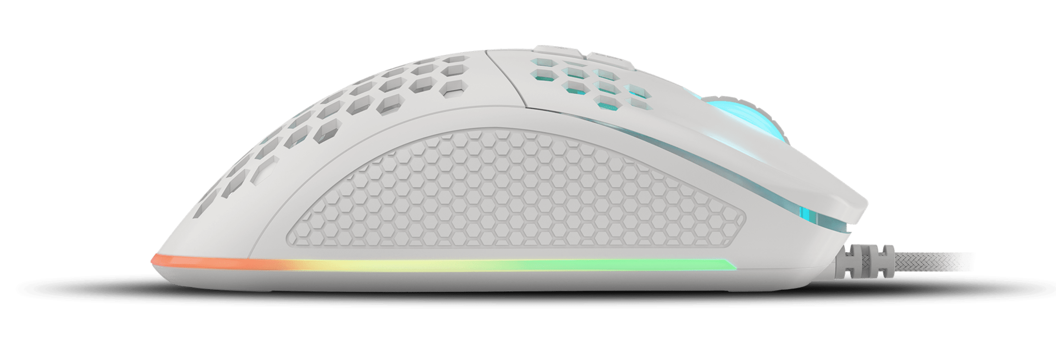 Widok z boku myszy do gier Genesis Krypton 555 z eleganckim białym designem, podświetleniem RGB i programowalnymi przyciskami