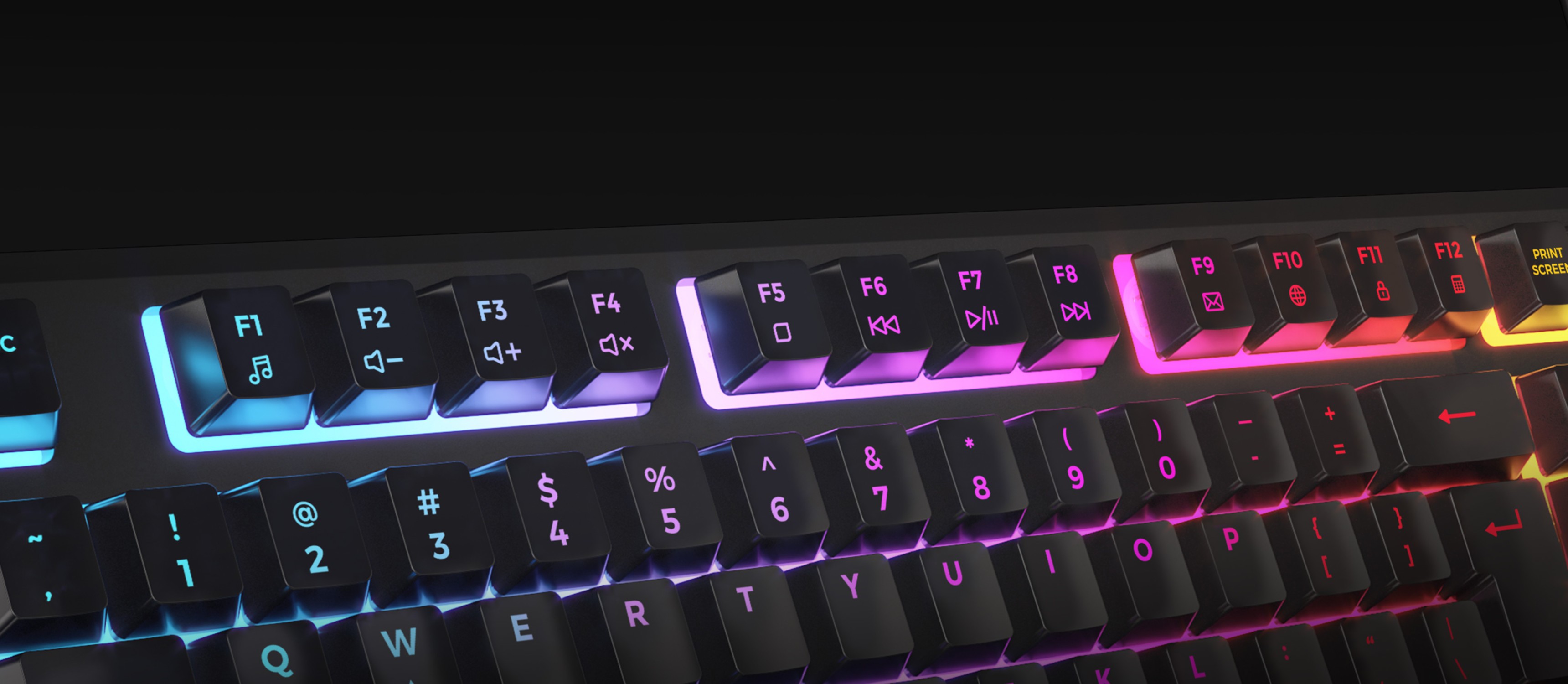 Klawiatura do gier RGB z konfigurowalnym podświetleniem, charakteryzująca się żywymi kolorami klawiszy i elementów sterujących multimediami
