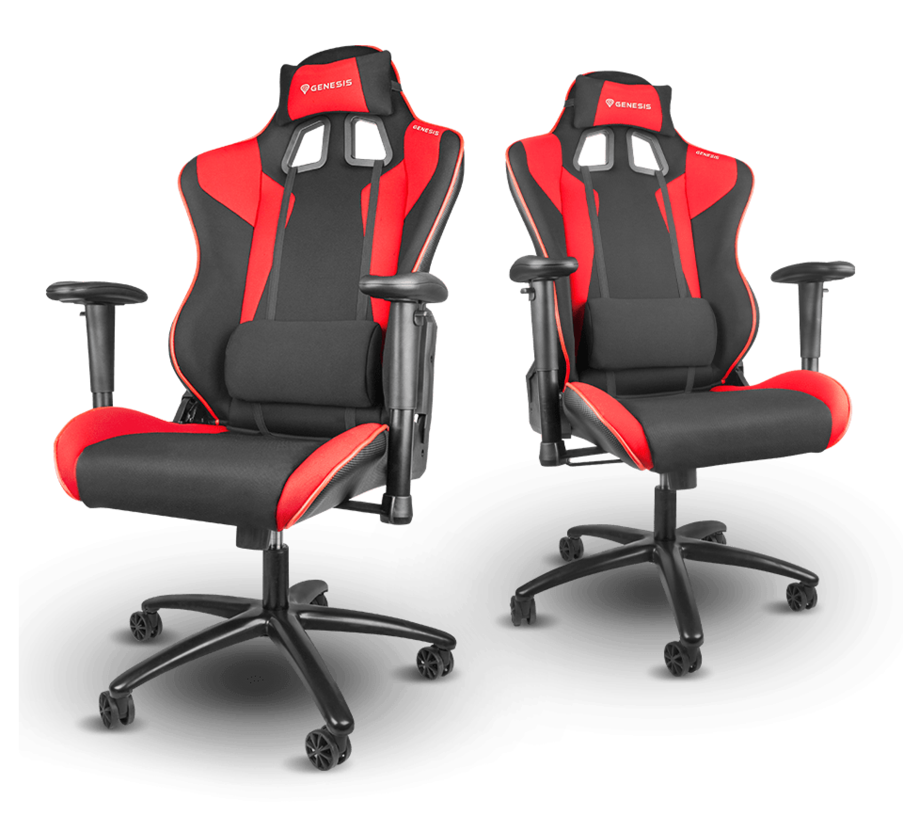 Dwa fotele gamingowe Genesis Nitro 770 w kolorze czarnym i czerwonym, wyposażone w regulowane podłokietniki i ergonomiczną konstrukcję zapewniającą wygodę.