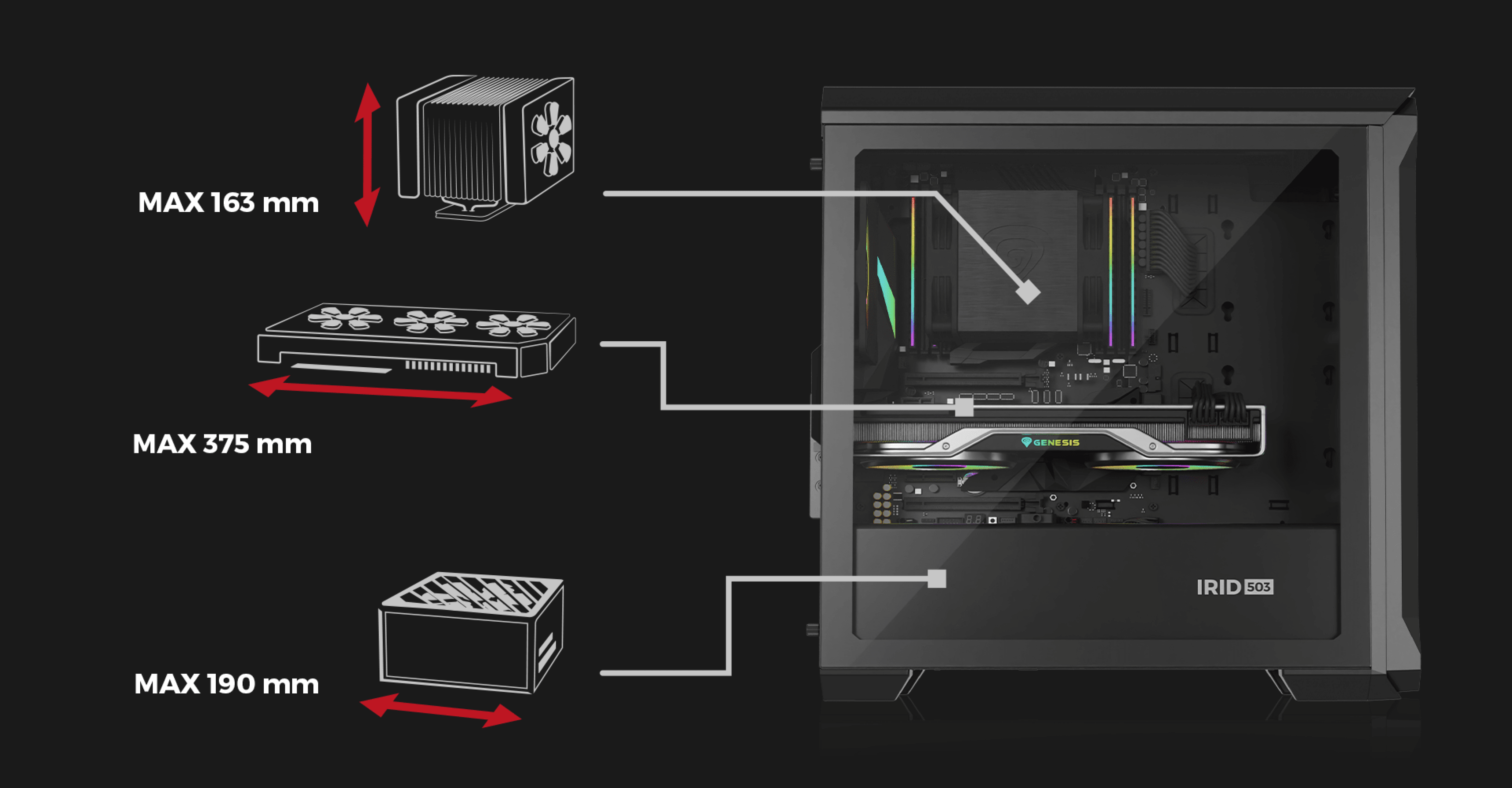 Czarna obudowa Genesis Irid 503 ARGB V2 MATX typu mini tower prezentuje wewnętrzne komponenty z ilustrowanymi specyfikacjami maksymalnej wysokości i długości.