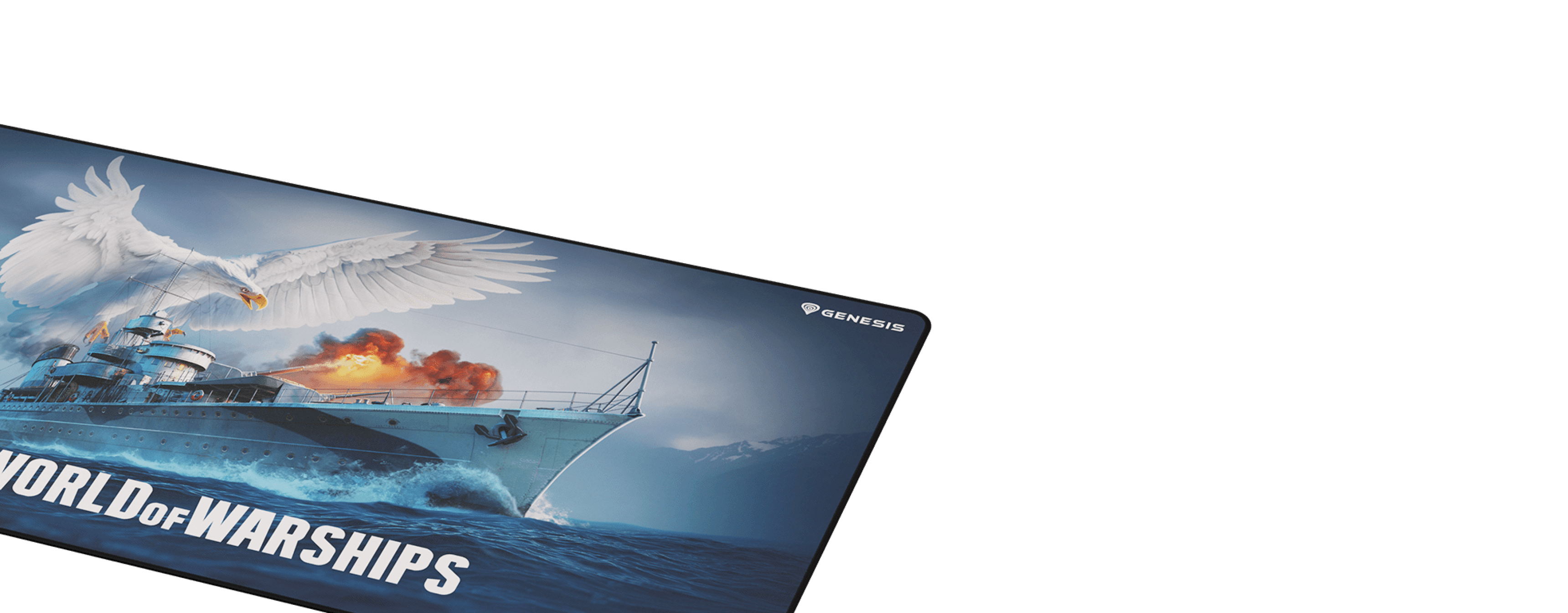 Duża podkładka pod mysz dla graczy z motywem "World of Warships" ze statkiem i orłem na dramatycznym tle.
