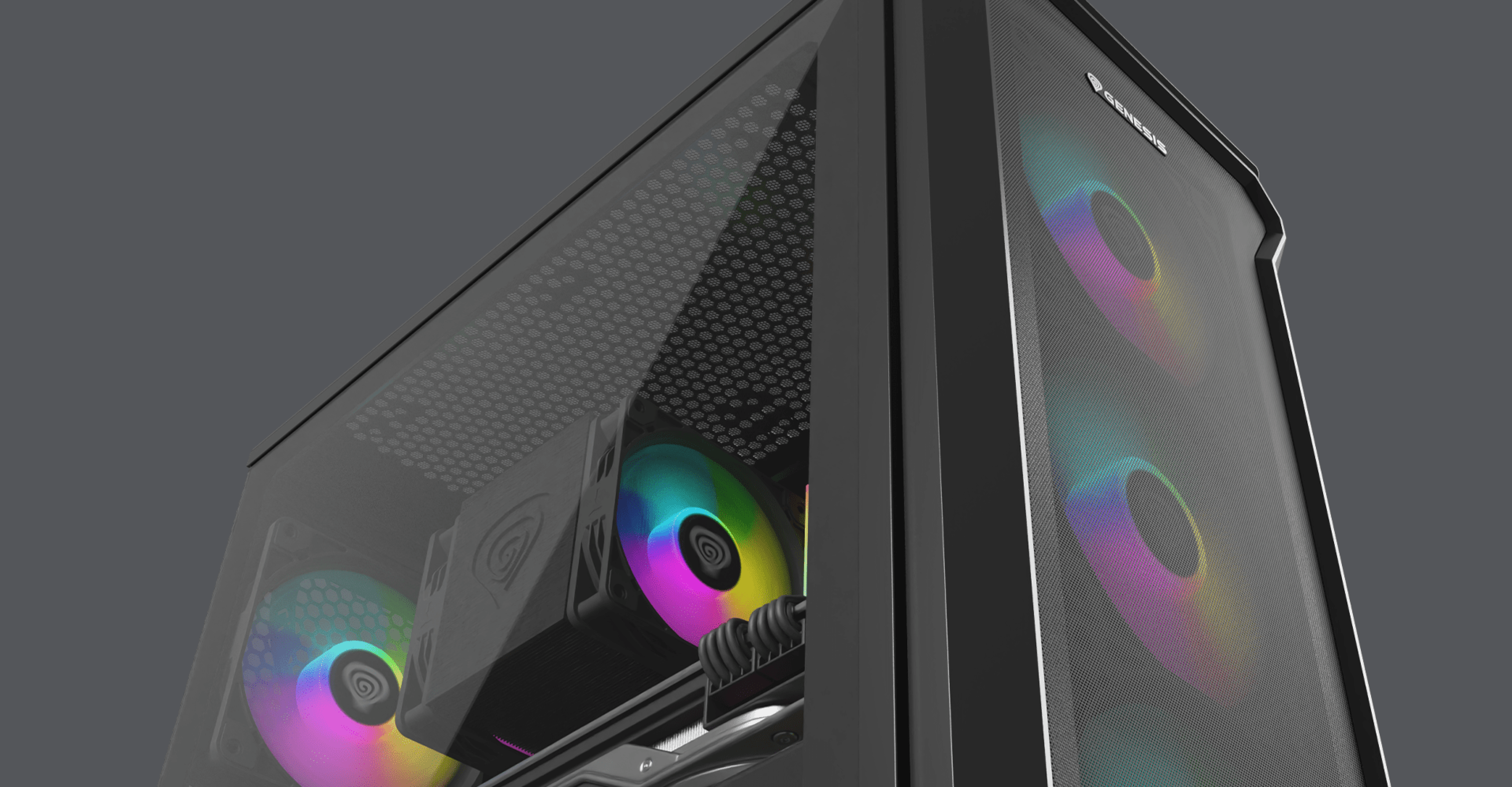 Czarna obudowa PC typu mini tower Genesis Irid 503 ARGB V2 z przezroczystym panelem bocznym i kolorowymi wentylatorami RGB