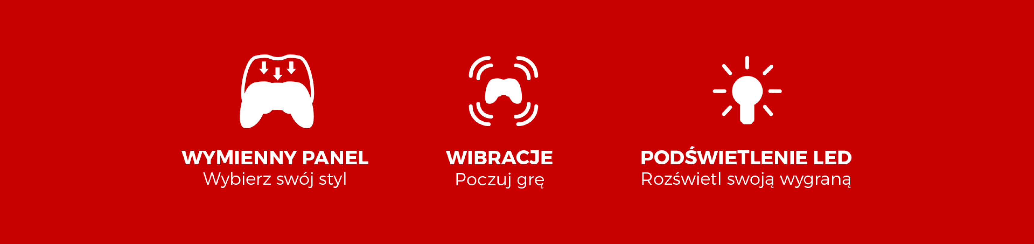 Ikony prezentujące funkcje gamepada Genesis Mangan 300: wymienne panele, wibracje i podświetlenie LED.