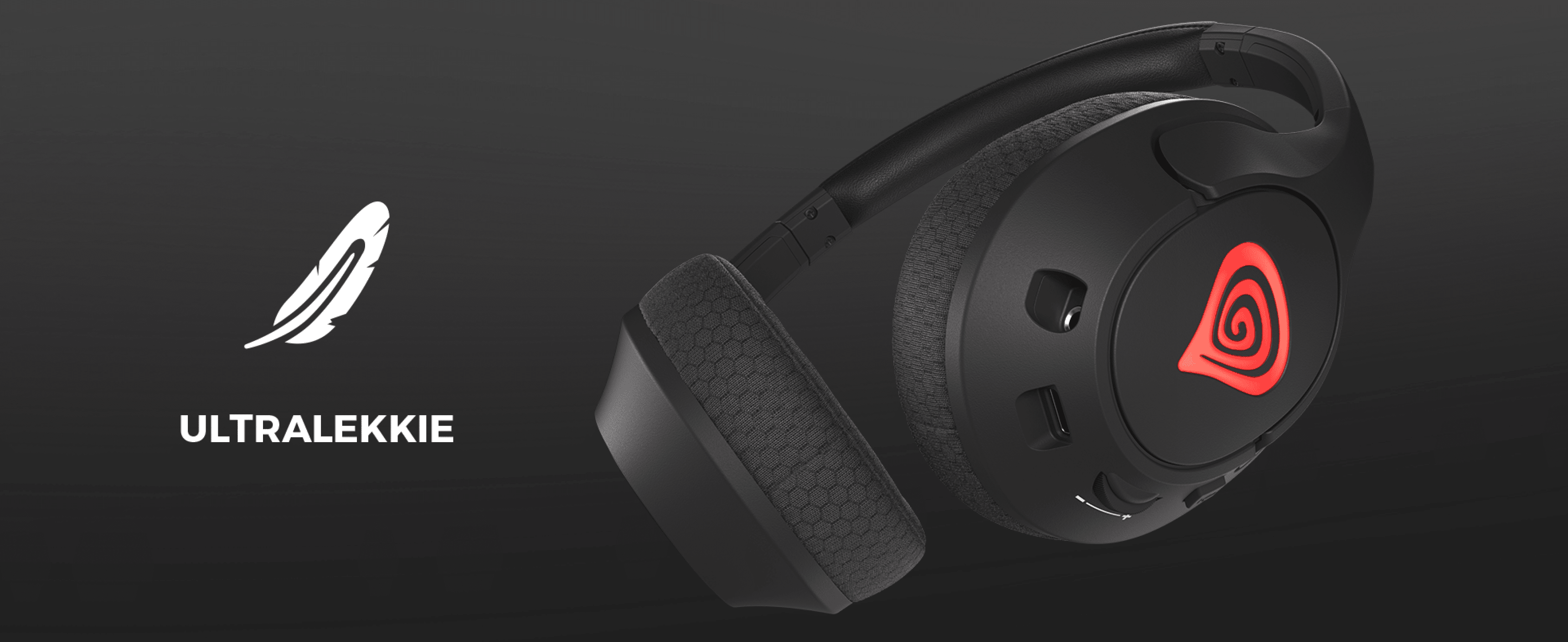 Czarne słuchawki Genesis Radon 800 z dźwiękiem przestrzennym 7.1, mikrofonem i czerwonym podświetleniem LED. Lekka konstrukcja