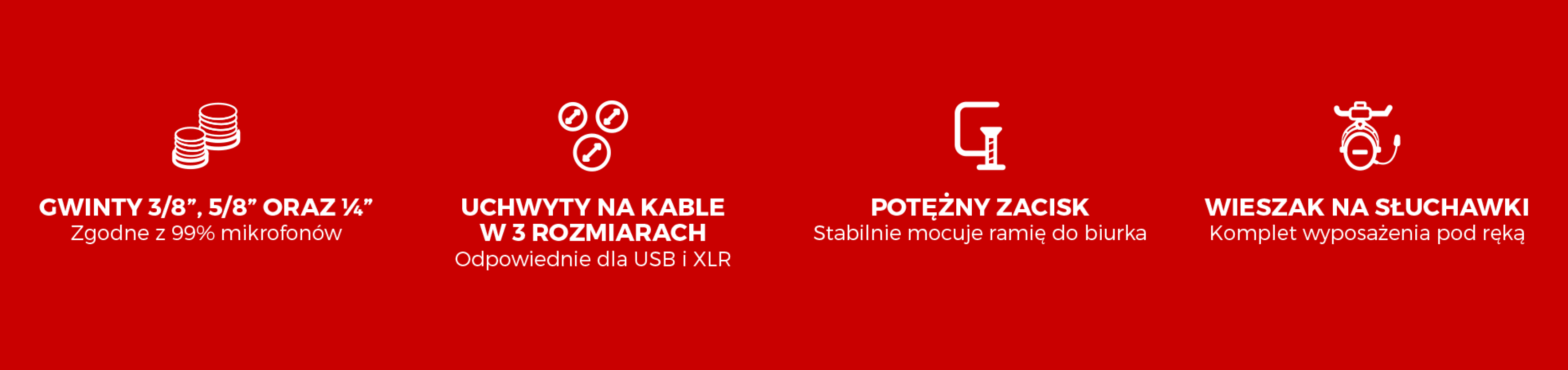 Ramię mikrofonu z wieszakiem na słuchawki, wyposażone w różne klipsy na kable i solidny zacisk zapewniający stabilność na biurku