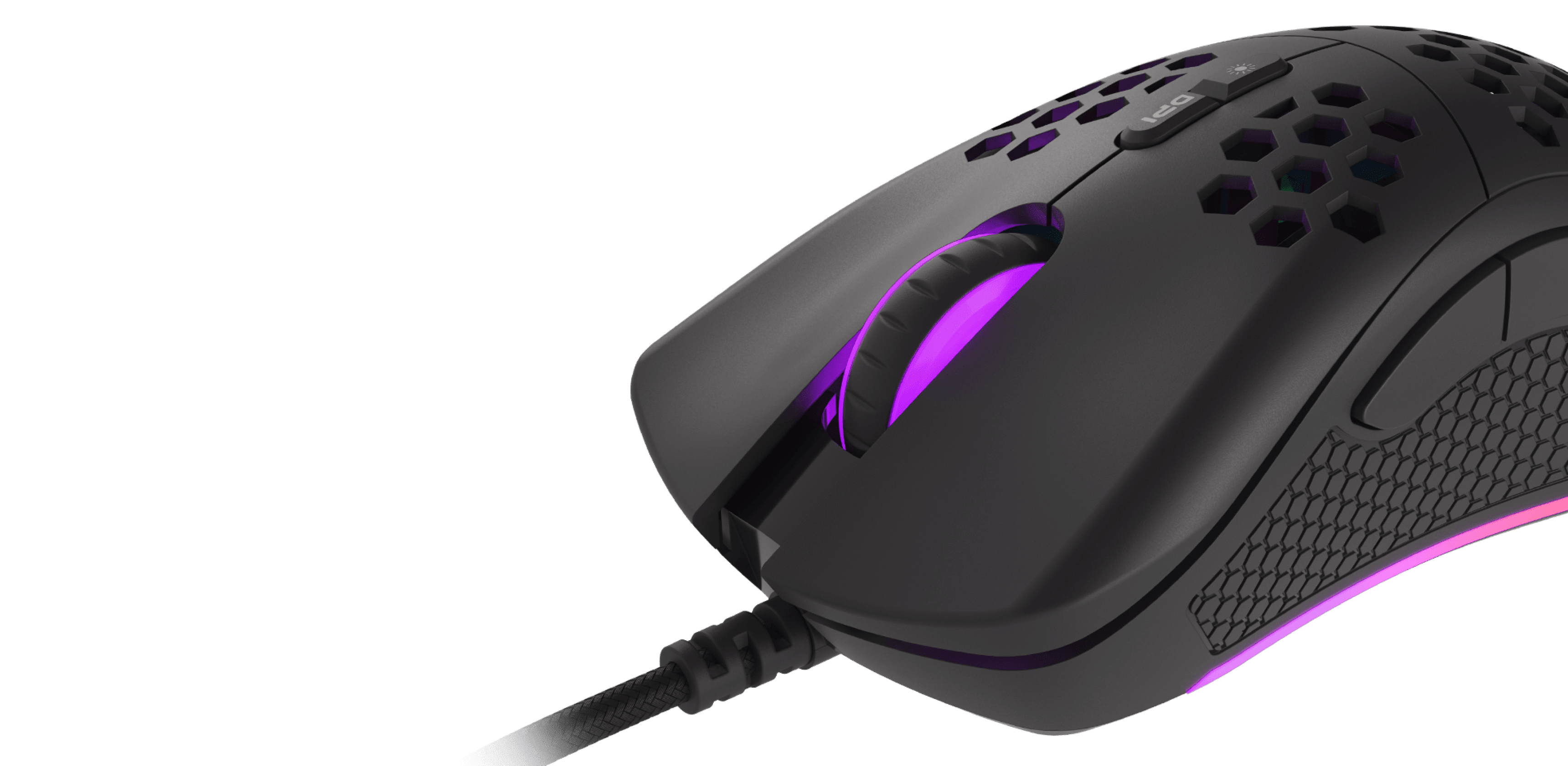 Czarna mysz gamingowa z podświetleniem RGB, konfigurowalnymi ustawieniami i DPI na poziomie 8000. Zaprojektowana dla graczy o ergonomicznym kształcie