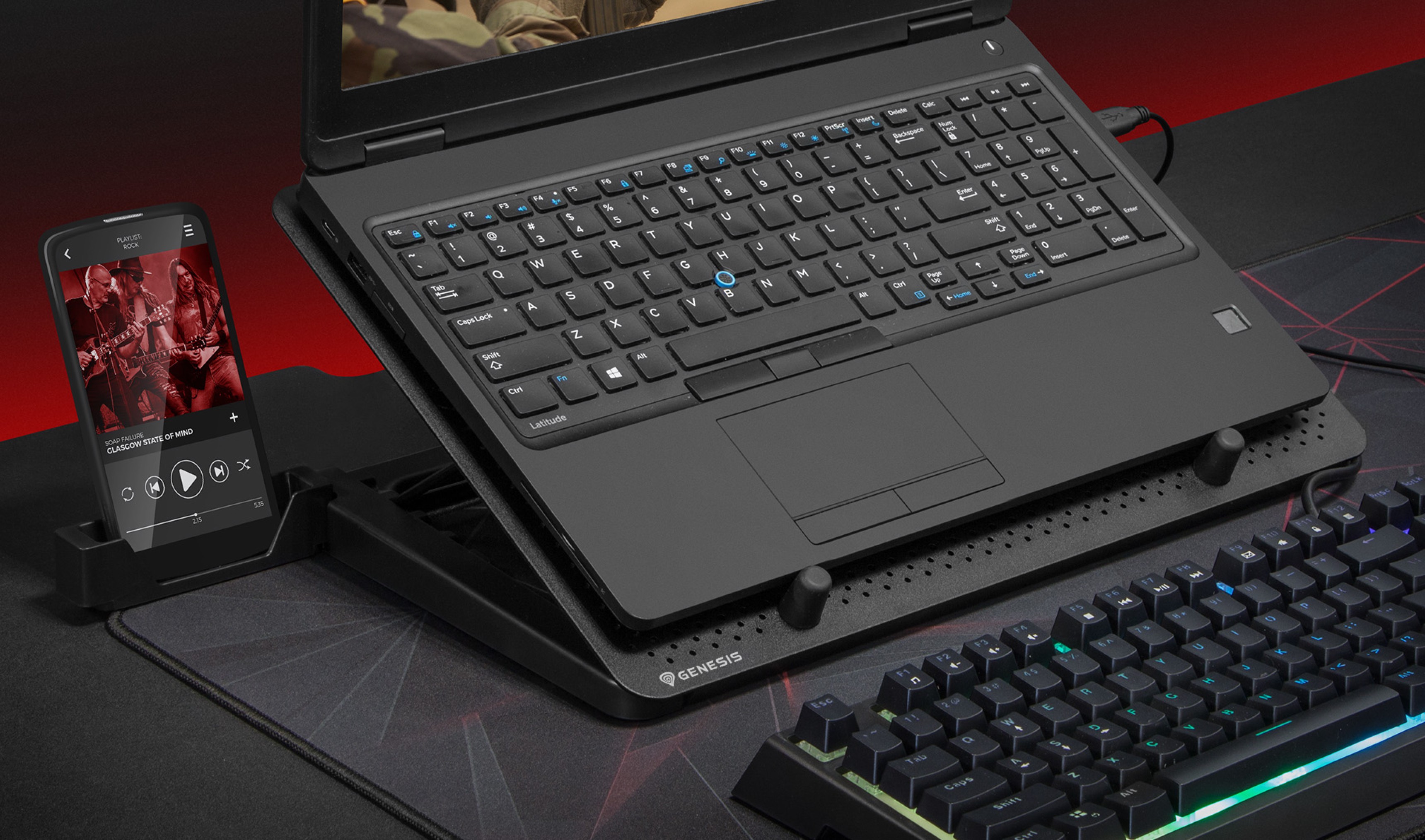 Chłodząca podstawka pod laptopa Genesis OXID 550 z pięcioma wentylatorami, oświetleniem RGB i portem USB, obsługująca laptopy 15,6-17,3 cala