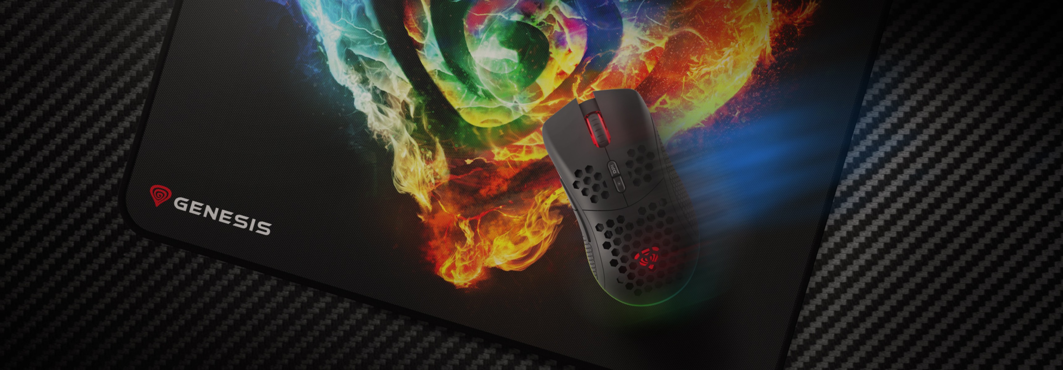 Podkładka pod mysz do gier "Genesis Carbon 500 M Fire G2" z kolorowym wzorem w wiry i myszą do gier na górze