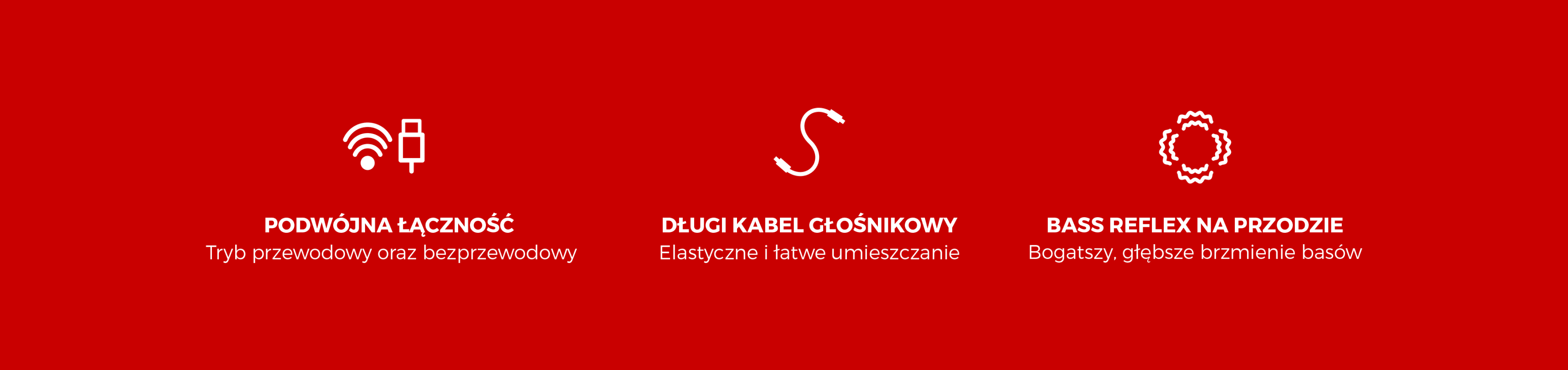 Trzy ikony podkreślające cechy GŁOŚNIKI GENESIS ARSEN 302BT: łączność przewodowa/bezprzewodowa, długi kabel połączeniowy i wzmocnione basy.