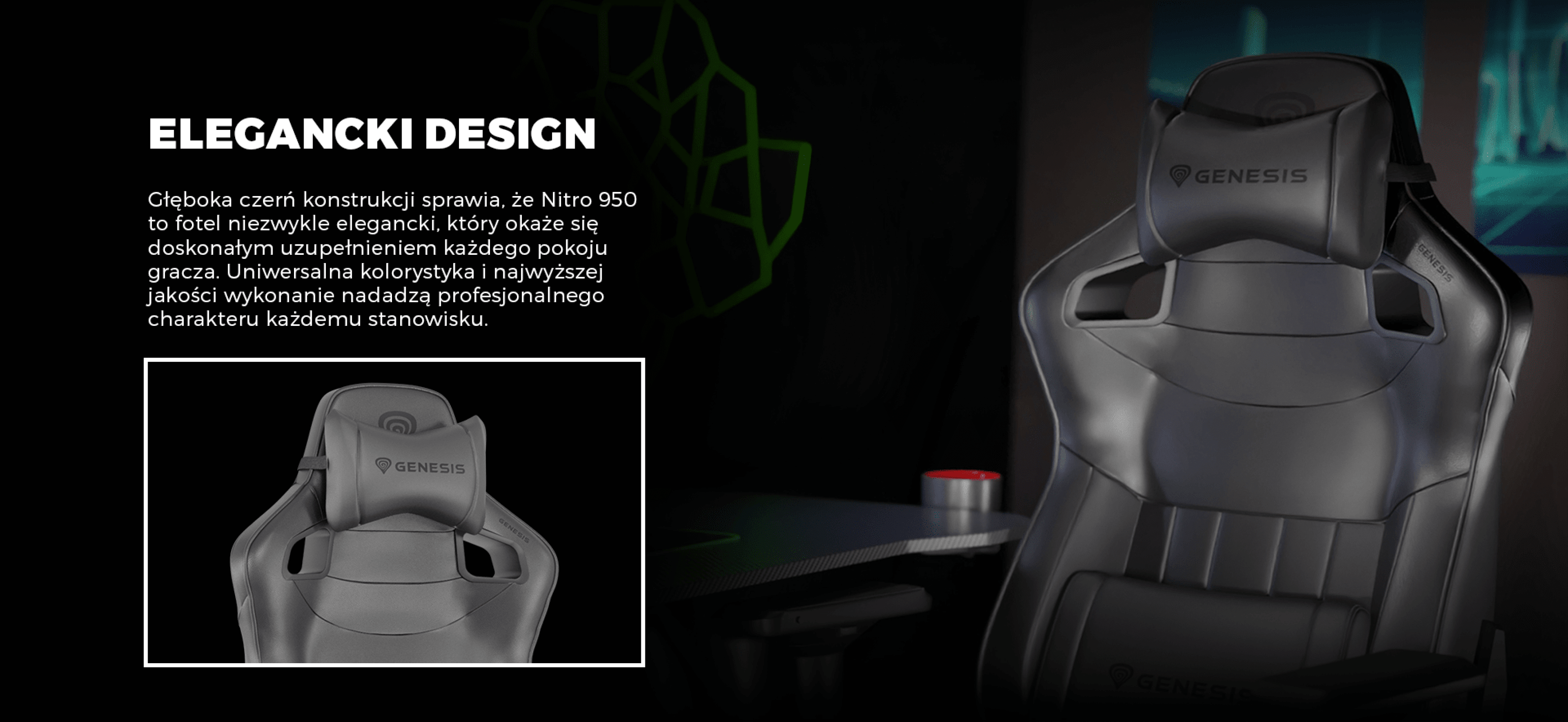 Czarny fotel gamingowy Genesis Nitro 950 charakteryzuje się eleganckim wzornictwem i ergonomicznymi funkcjami zapewniającymi optymalny komfort.