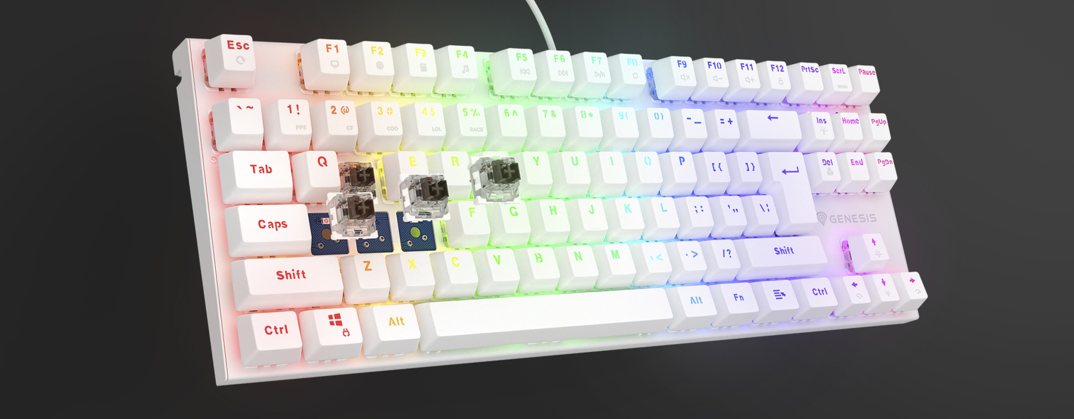 Kompaktowa klawiatura mechaniczna z podświetleniem RGB, wyposażona w białe klawisze i brązowe przełączniki, idealna dla graczy