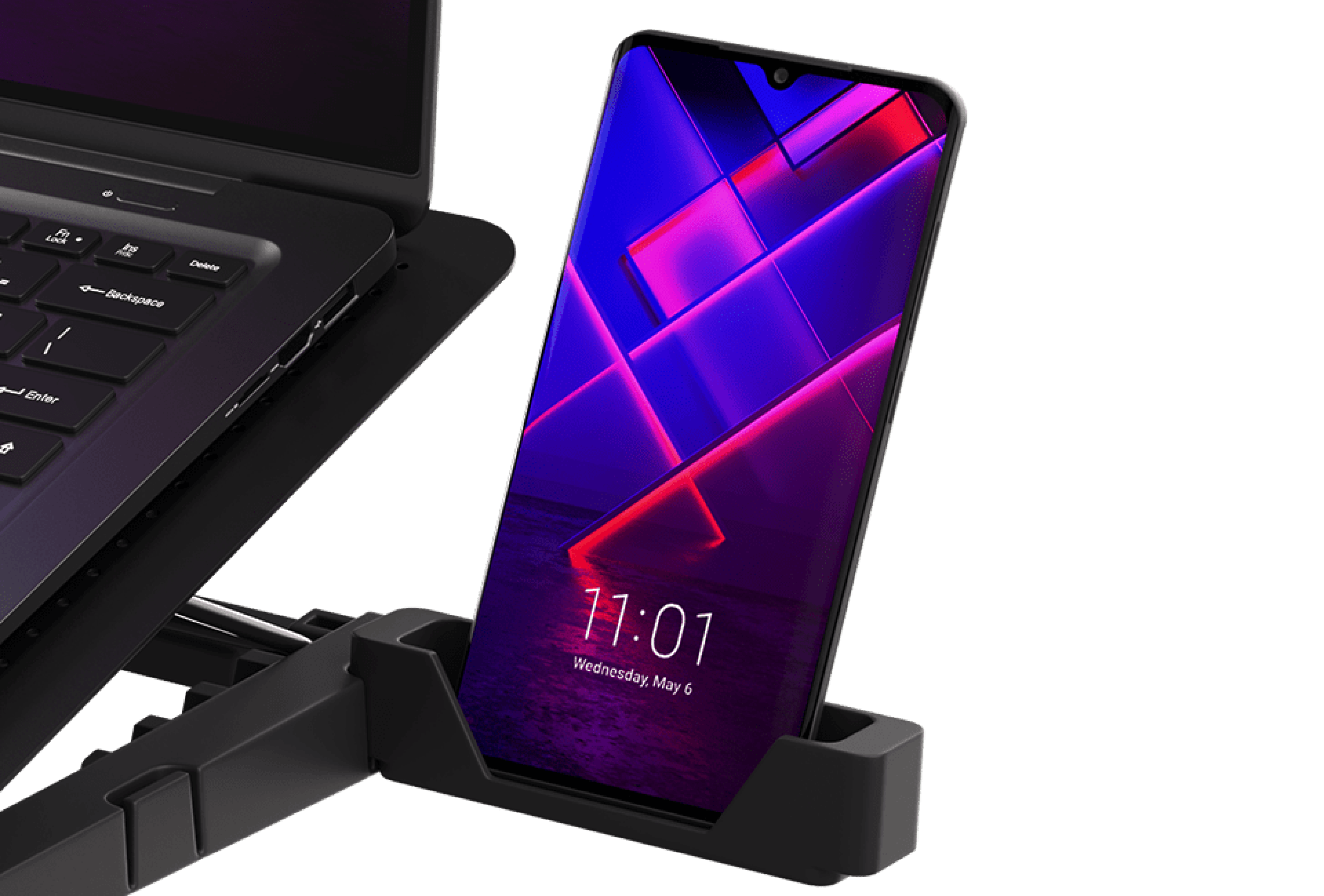 Podkładka chłodząca pod laptopa z oświetleniem RGB, wentylatorem i dwoma portami USB; posiada uchwyt na smartfon