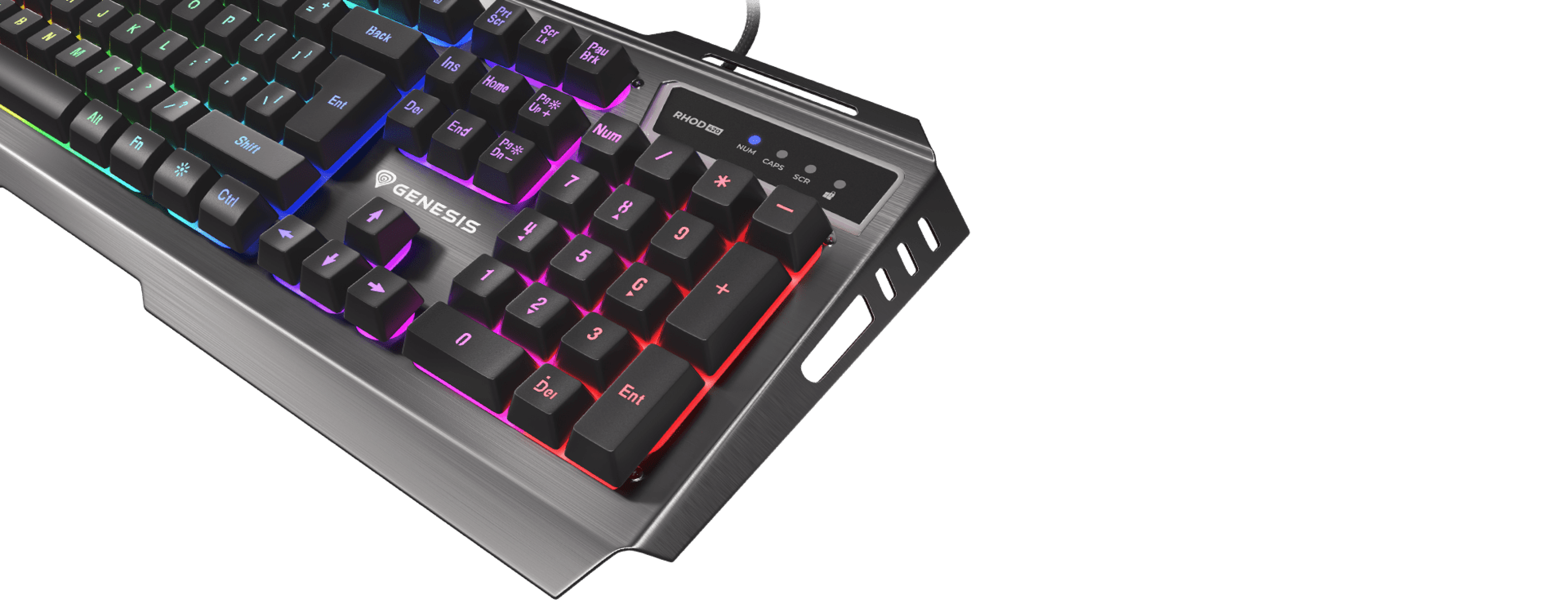 Klawiatura do gier Genesis Rhod 420 RGB z podświetleniem, charakteryzująca się eleganckim wyglądem i konfigurowalnym podświetleniem tęczowym