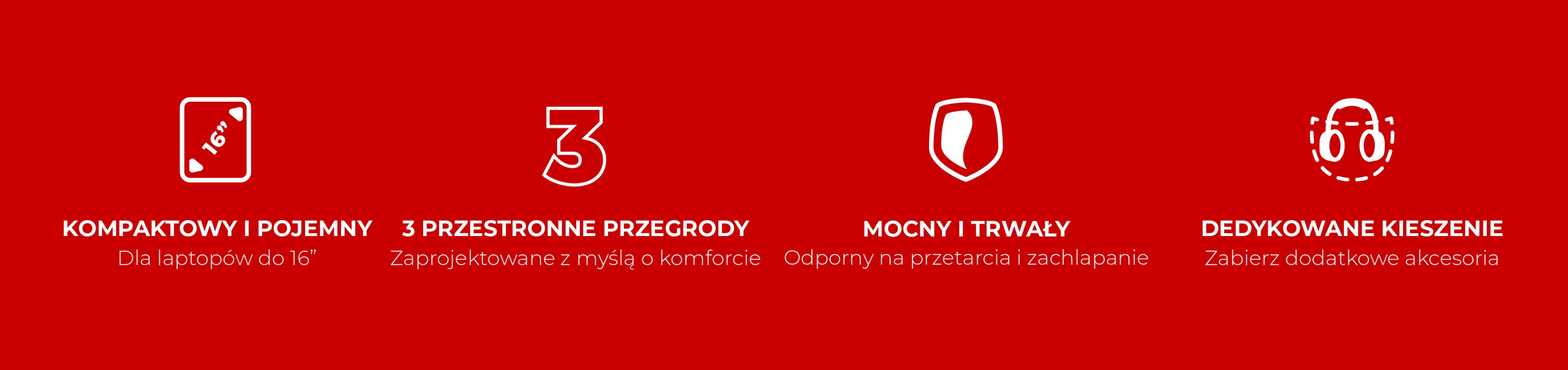 Czerwone tło z czterema białymi ikonami przedstawiającymi cechy kompaktowego i trwałego produktu.