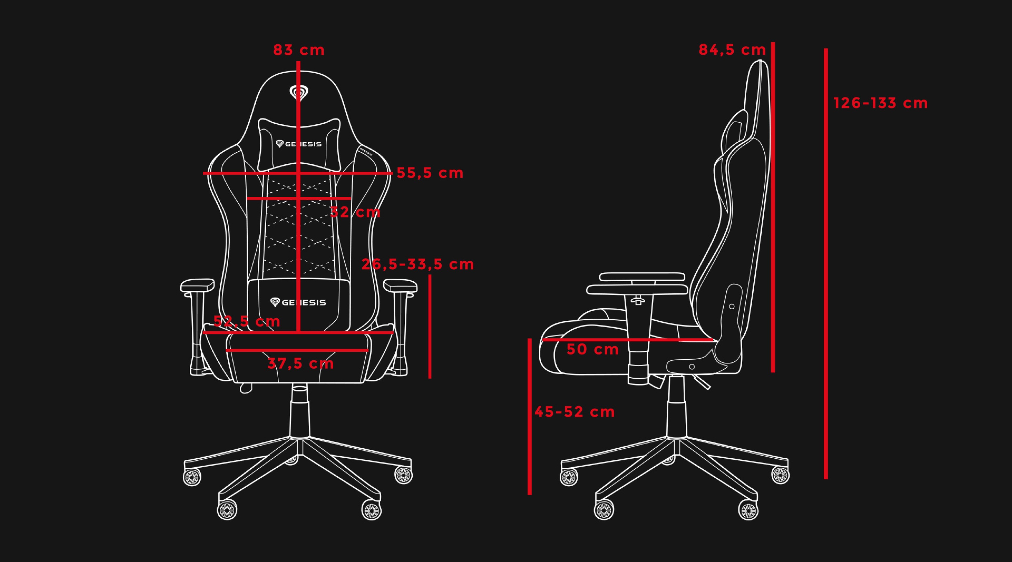 Rysunek techniczny fotela gamingowego Genesis Nitro 440 G2 przedstawiający wymiary i funkcje w czerni i bieli z czerwonymi oznaczeniami
