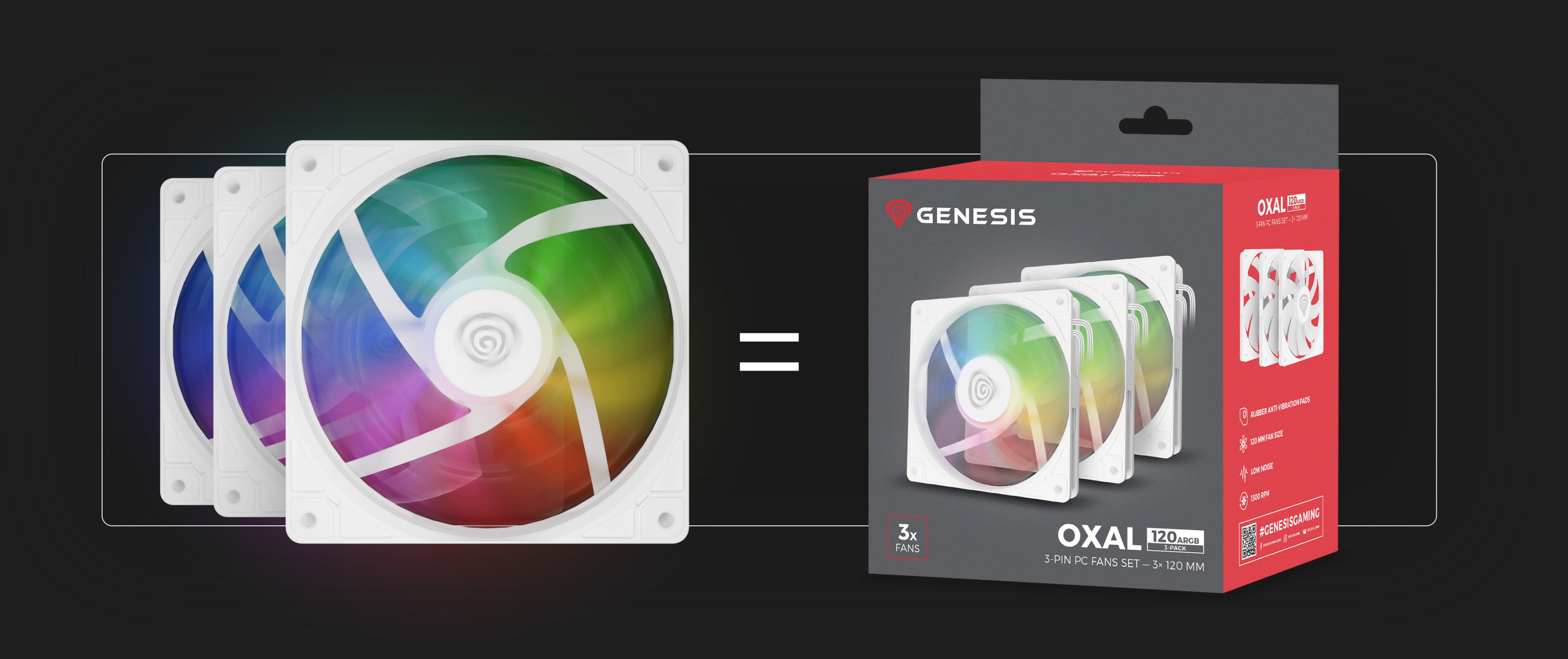 Biały wentylator Genesis Oxal 120 ARGB z kolorową, podświetlaną łopatką i opakowaniem przedstawiającym zestaw trzech wentylatorów.