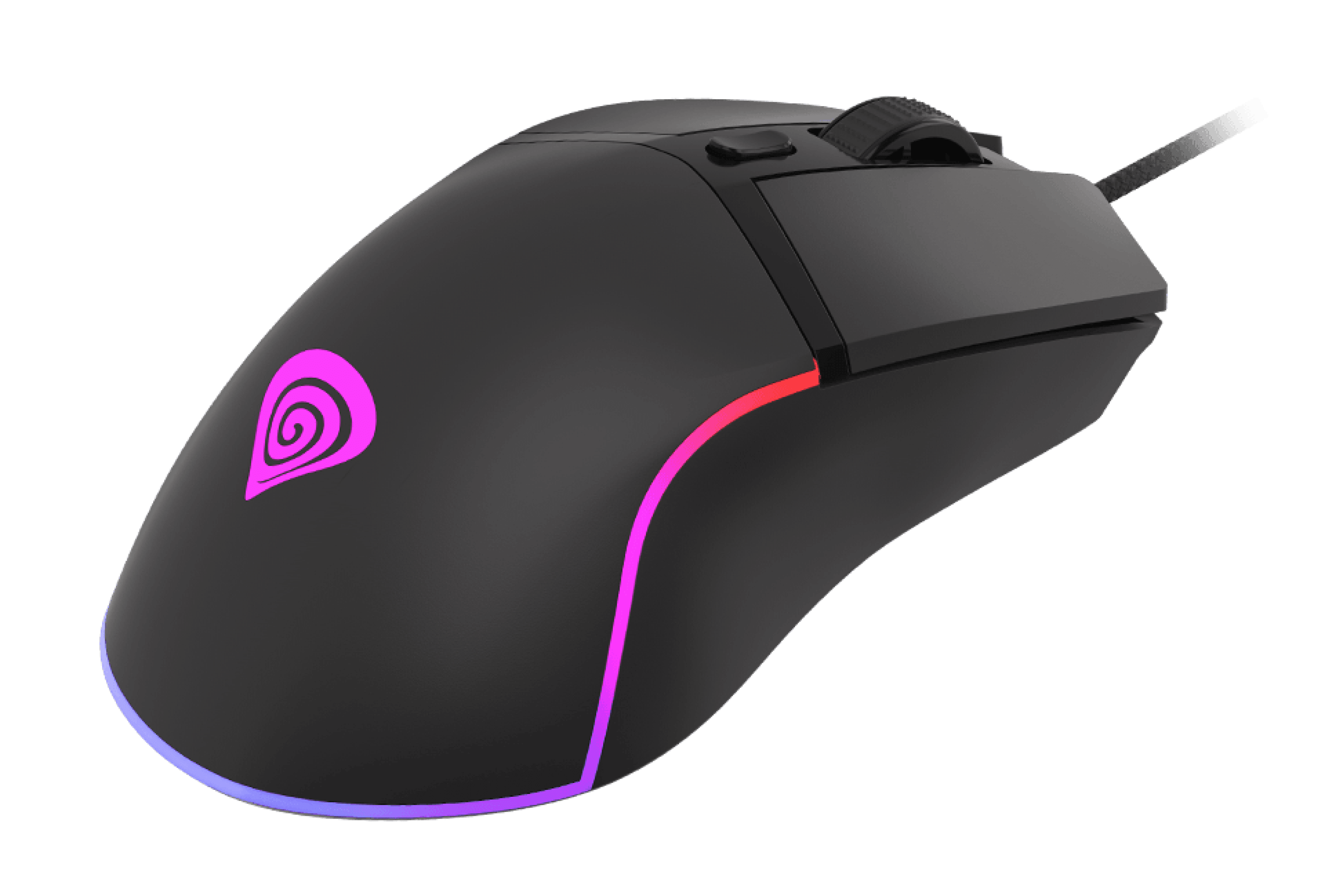 Czarna mysz do gier z konfigurowalnym podświetleniem RGB i eleganckim wyglądem, wyposażona w kółko przewijania i ergonomiczny kształt
