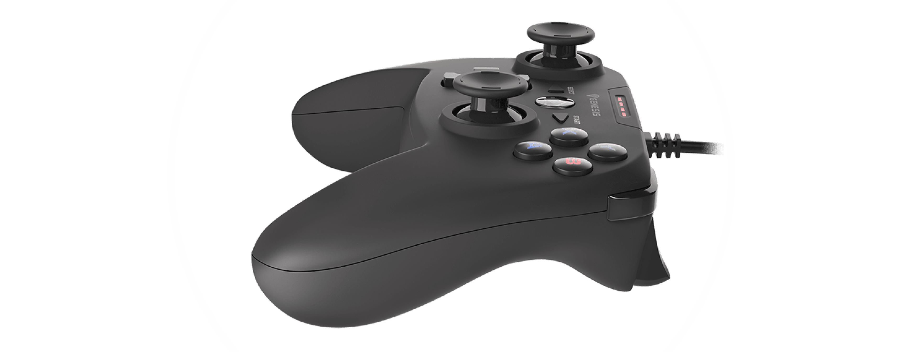 Przewodowy gamepad Genesis Mangan P58 do PS3/PC, wyposażony w dwa drążki analogowe i wiele przycisków w eleganckiej, czarnej obudowie.