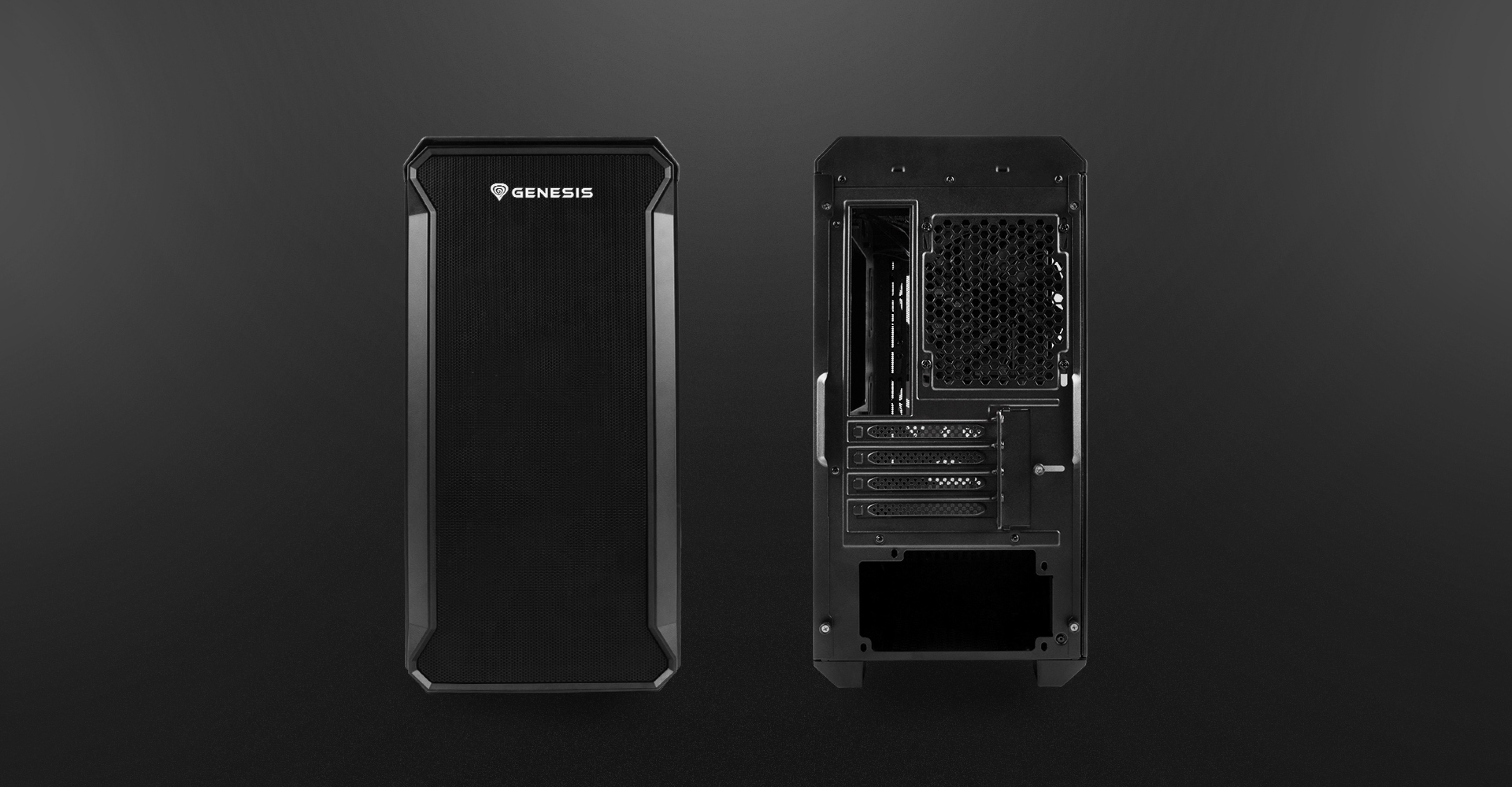 Czarna obudowa Genesis Irid 503 V2 MATX typu mini tower z przezroczystym panelem bocznym i wieloma przegrodami wewnętrznymi