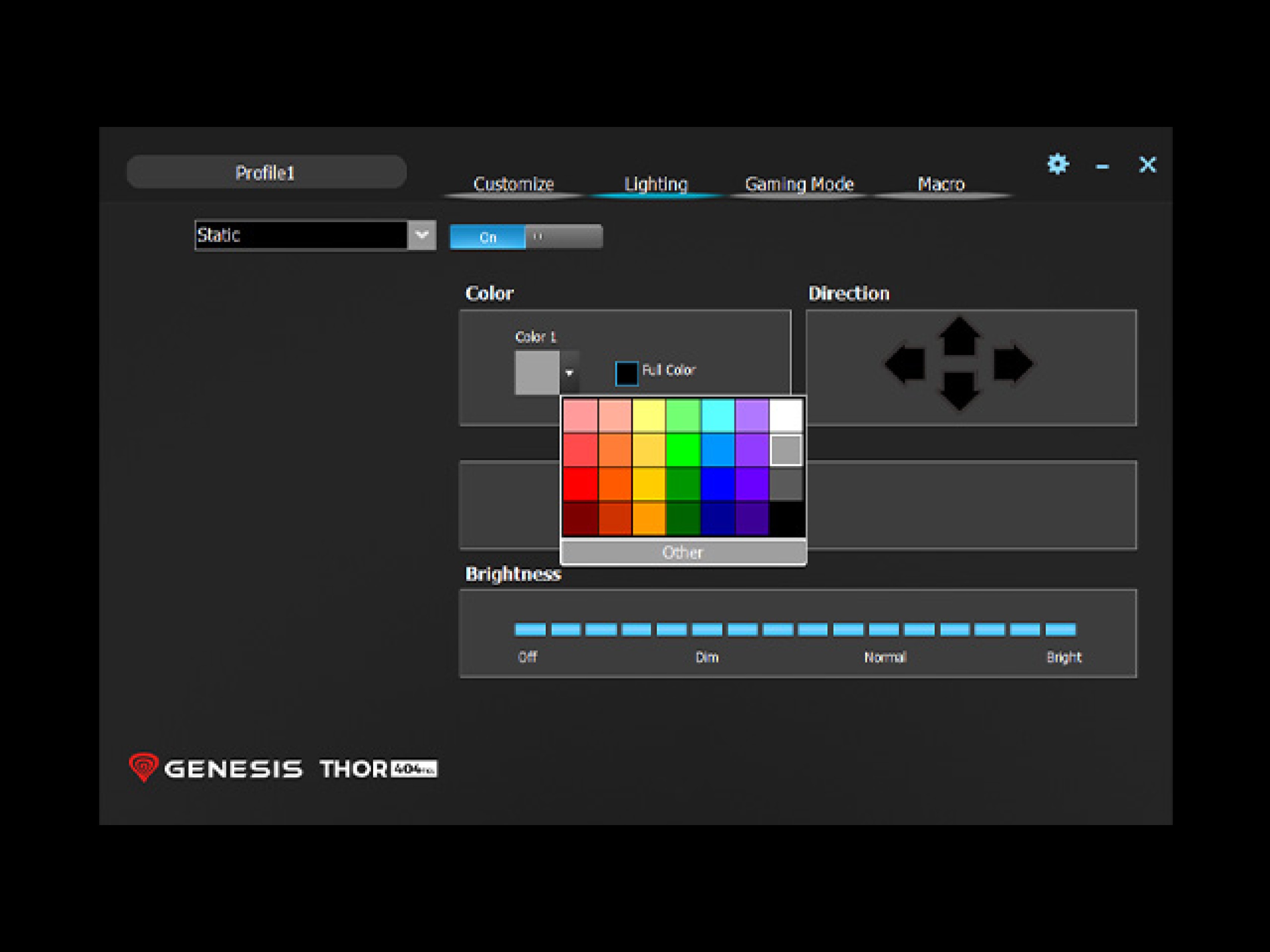 Interfejs ustawień podświetlenia RGB dla klawiatury gamingowej Genesis Thor 404 TKL. Wyświetlane opcje wyboru kolorów i regulacji jasności