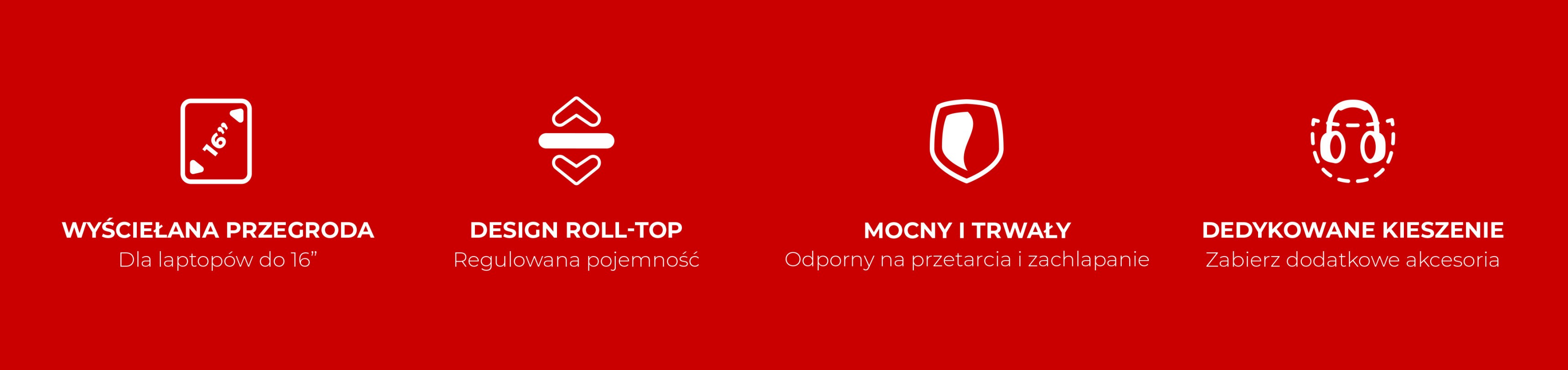 Cztery ikony na czerwonym tle przedstawiające cechy produktu.