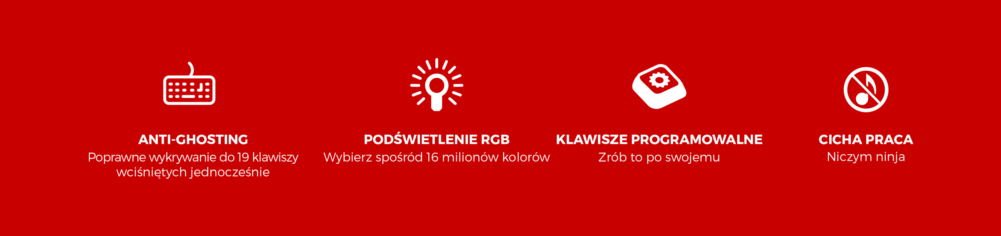 Funkcje klawiatury dla graczy, w tym anti-ghosting, podświetlenie RGB, programowalne klawisze i cicha praca