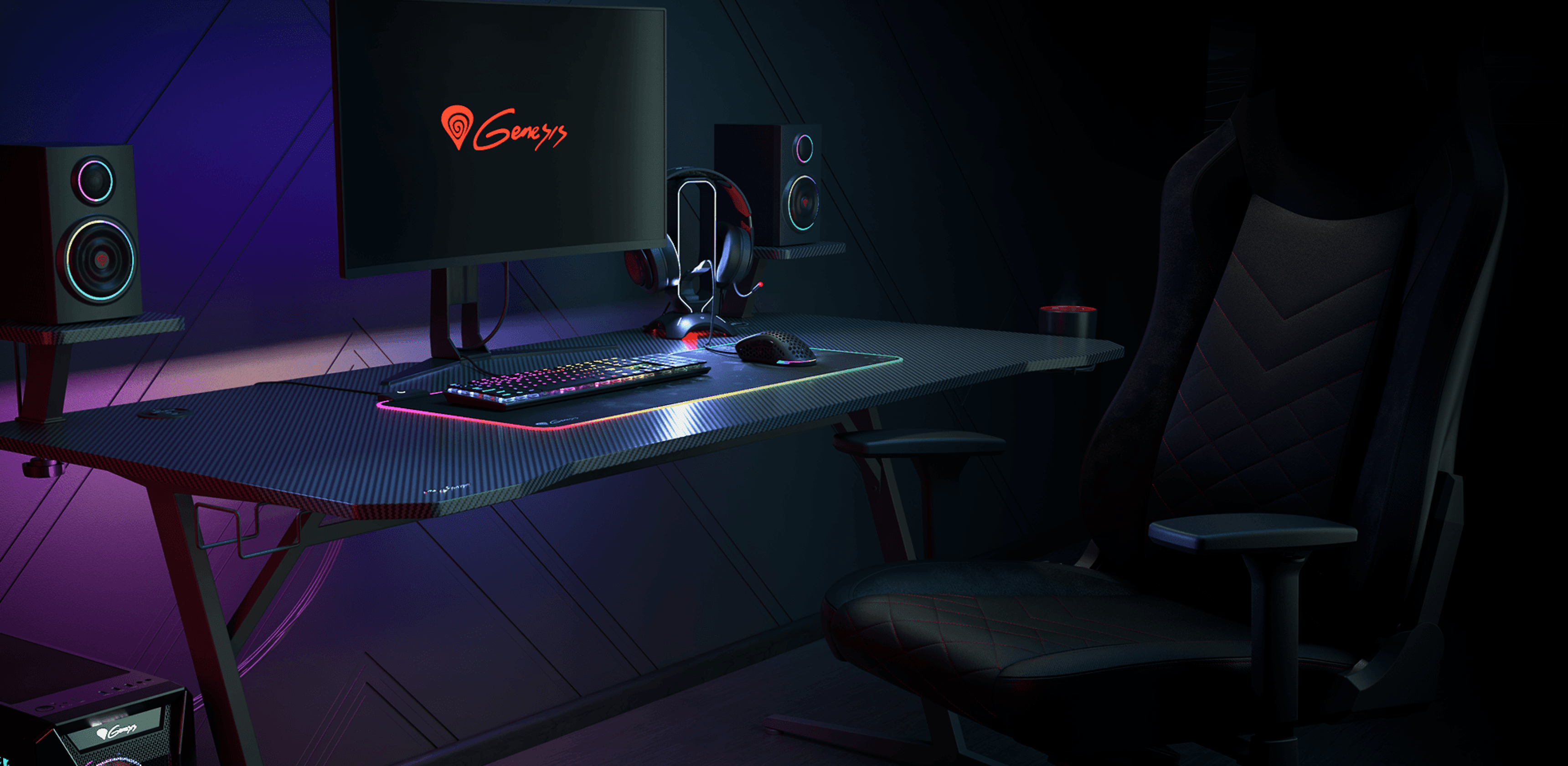 Stylowy zestaw gamingowy z biurkiem Genesis Holm 510 z oświetleniem RGB, monitorem, głośnikami, zestawem słuchawkowym i ergonomicznym krzesłem.