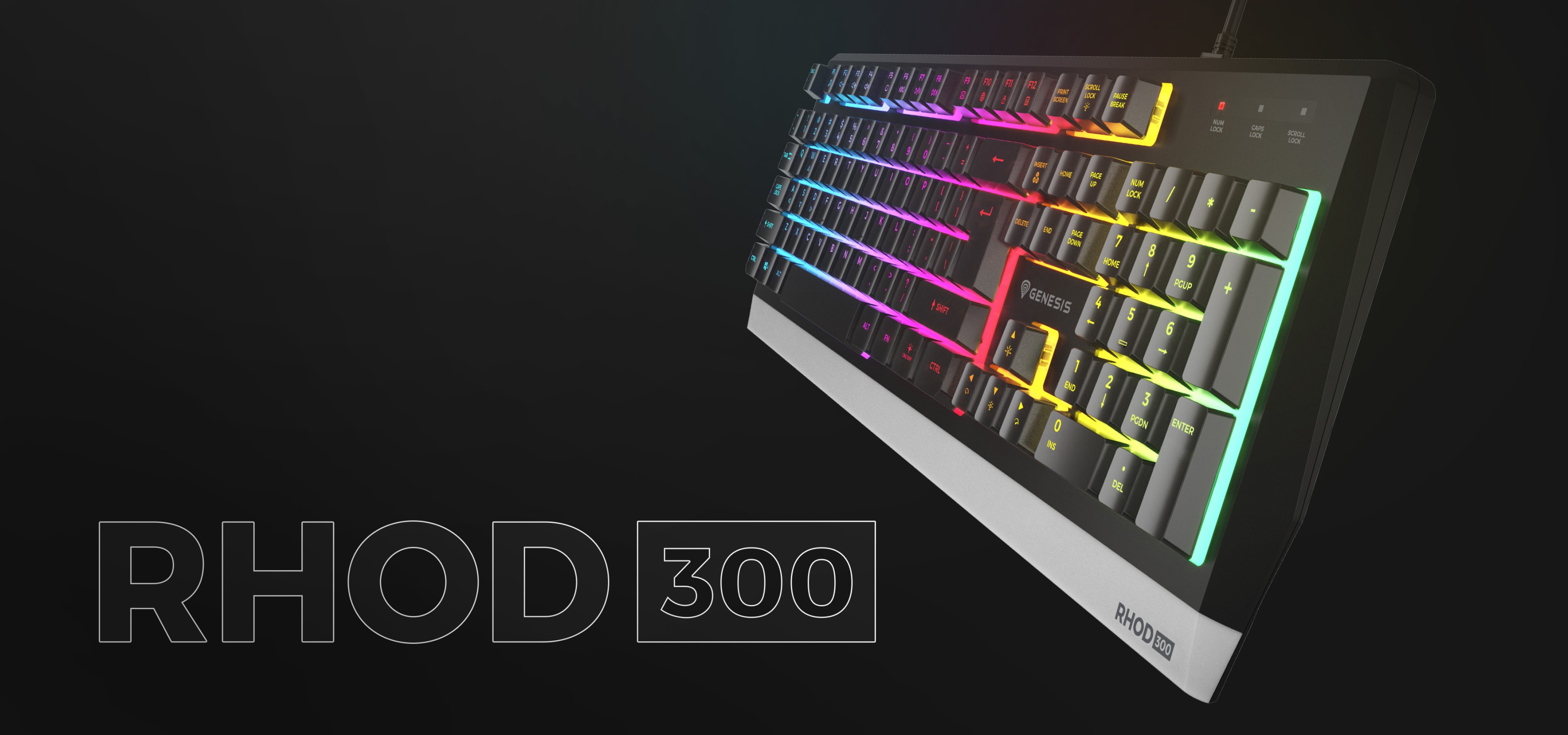 Kolorowa klawiatura gamingowa RGB Genesis Rhod 300 z podświetlanymi klawiszami, kątowym widokiem prezentującym żywe efekty świetlne