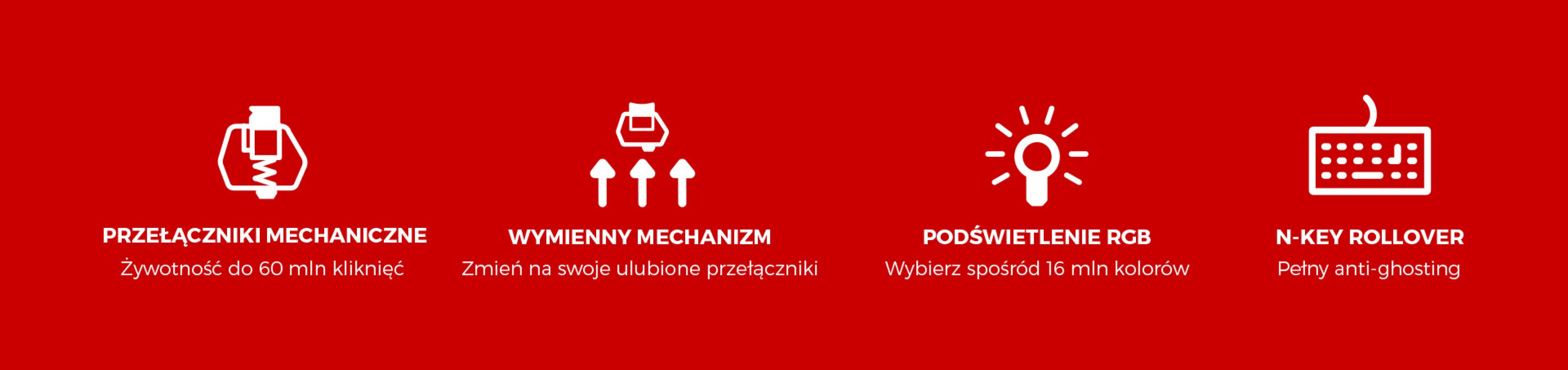 Ikony prezentujące funkcje klawiatury gamingowej Genesis Thor 404 TKL: przełączniki mechaniczne, wymienne mechanizmy, podświetlenie RGB i anti-ghosting.