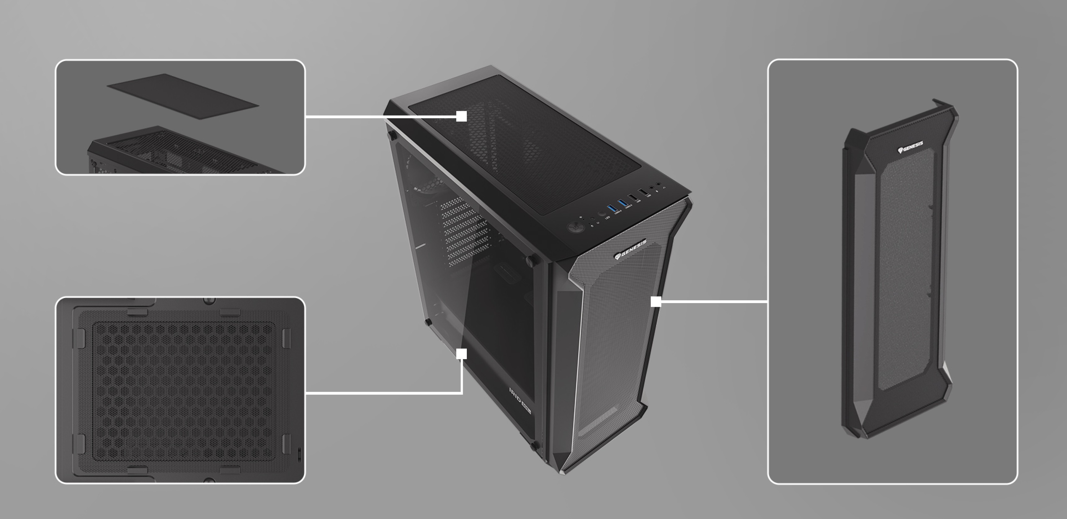 Czarna obudowa Genesis Irid 505 V2 MIDI typu tower z przezroczystym panelem bocznym i podświetlanymi elementami do montażu