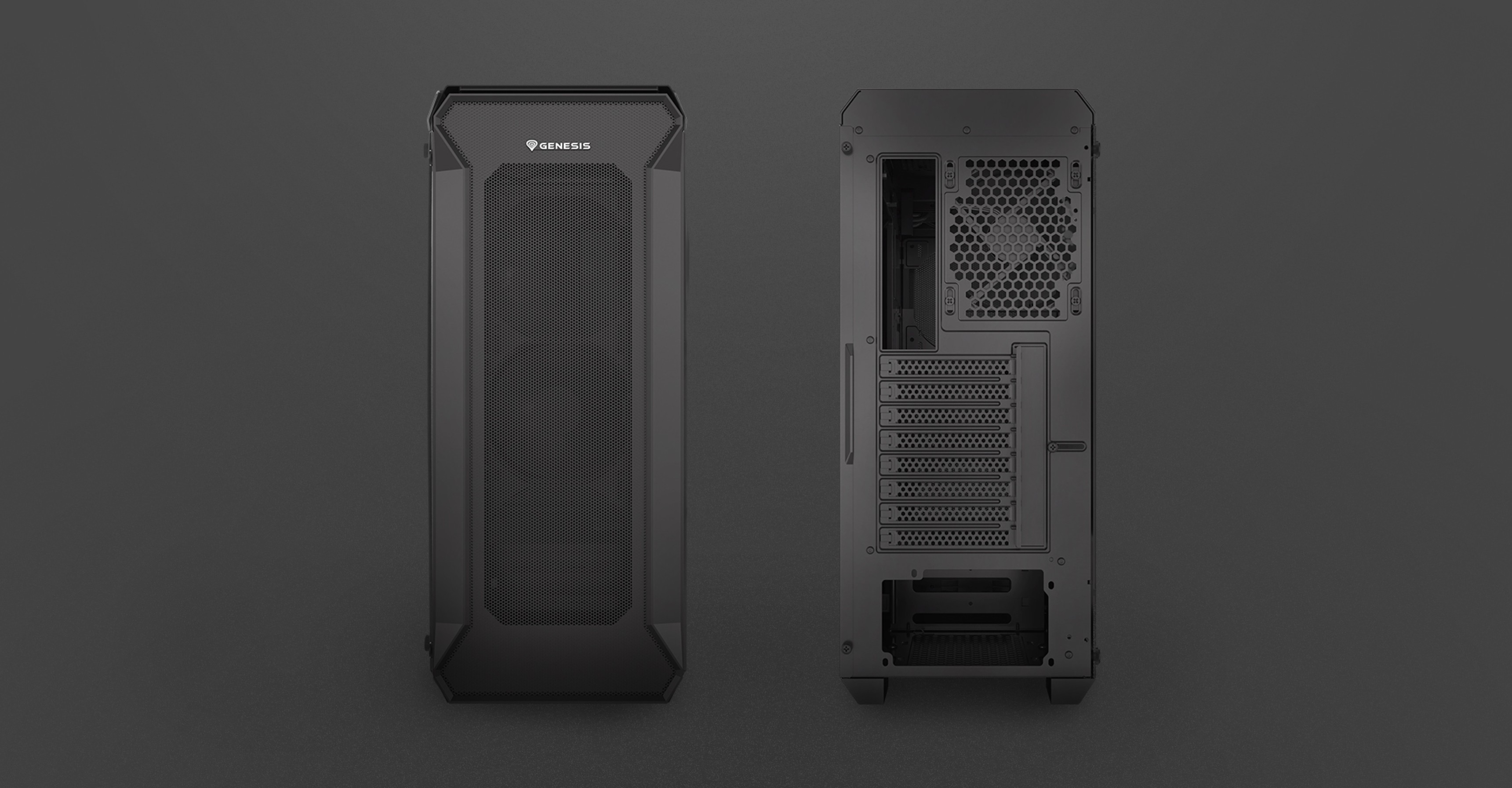 Czarna obudowa Genesis Irid 505 V2 MIDI typu tower z przezroczystym panelem bocznym i kratkami wentylacyjnymi