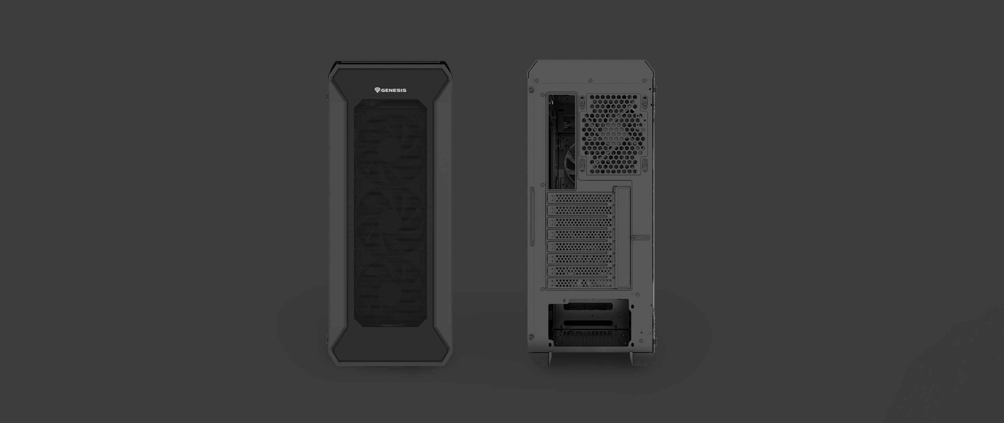 Czarna obudowa Genesis Irid 505F MIDI typu tower z przezroczystym panelem bocznym i różnymi opcjami tylnych złączy.