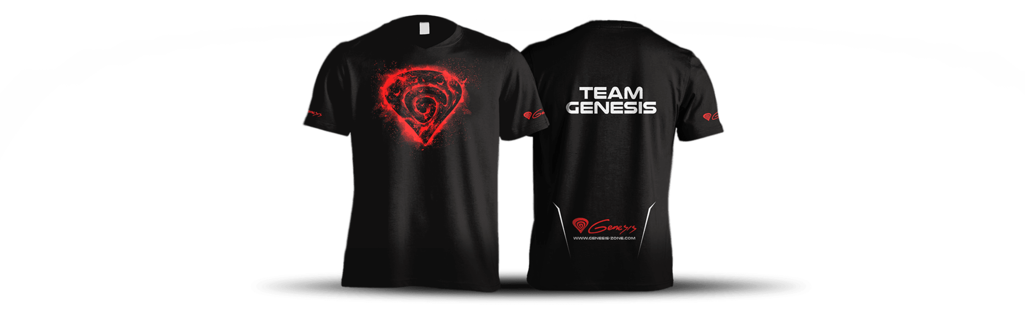 Czarna koszulka z czerwonym logo niedźwiedzia z przodu i napisem "TEAM GENESIS" z tyłu. Rozmiar S