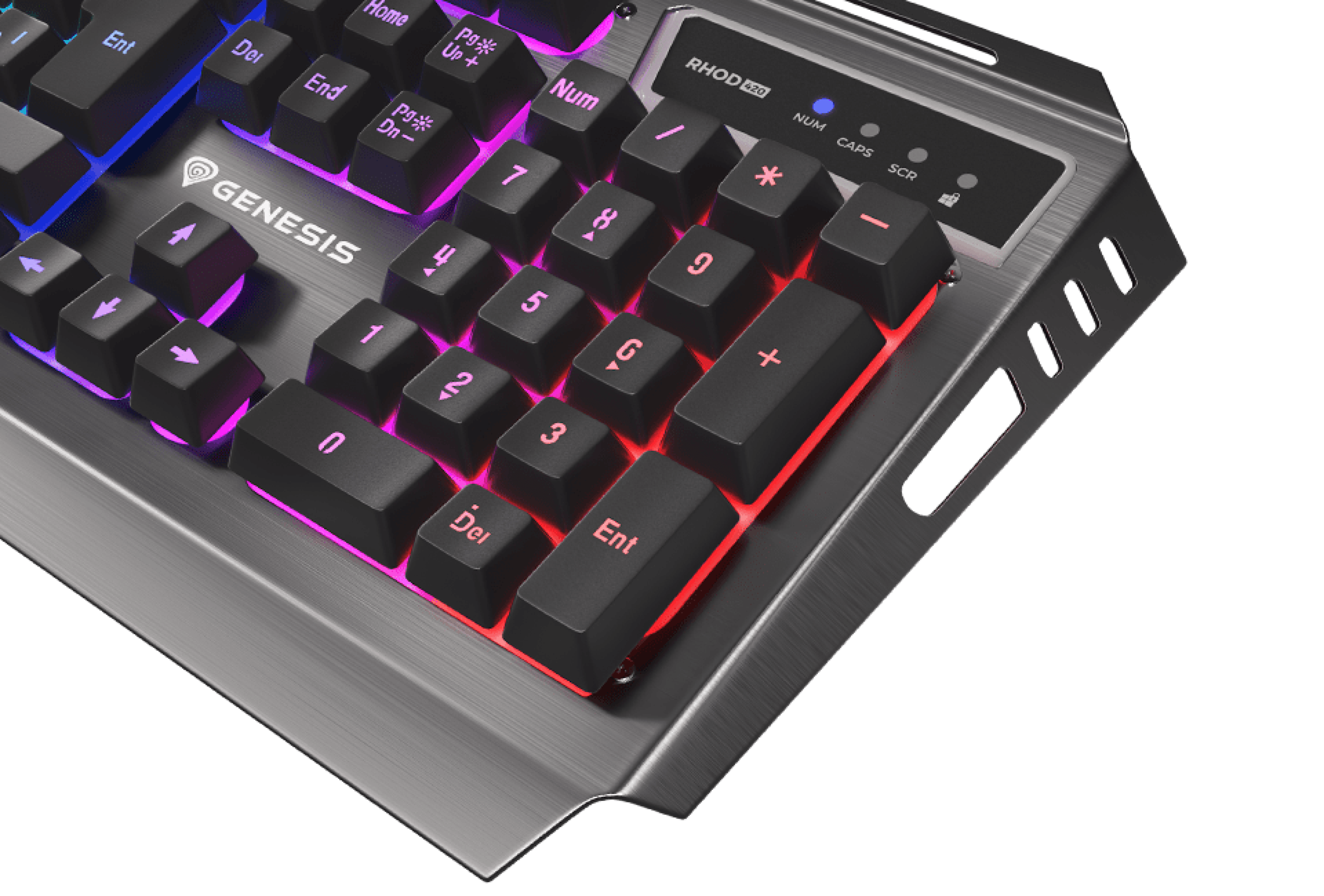 Klawiatura do gier RGB z podświetlanymi klawiszami, charakteryzująca się eleganckim metalicznym designem i konfigurowalnymi efektami świetlnymi