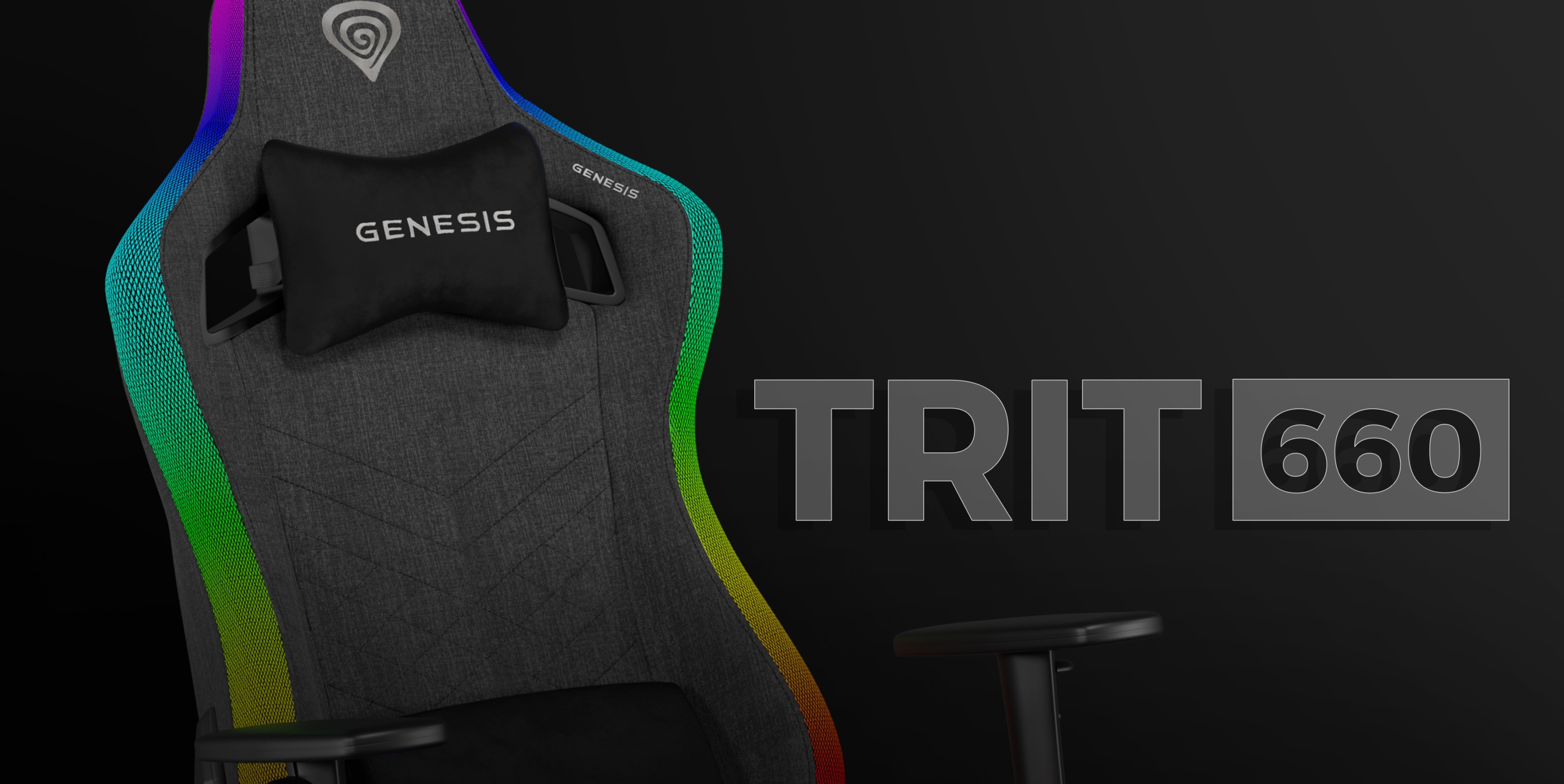 Fotel gamingowy Genesis Trit 660 w kolorze szarym z akcentami świetlnymi RGB i czarną poduszką zagłówka