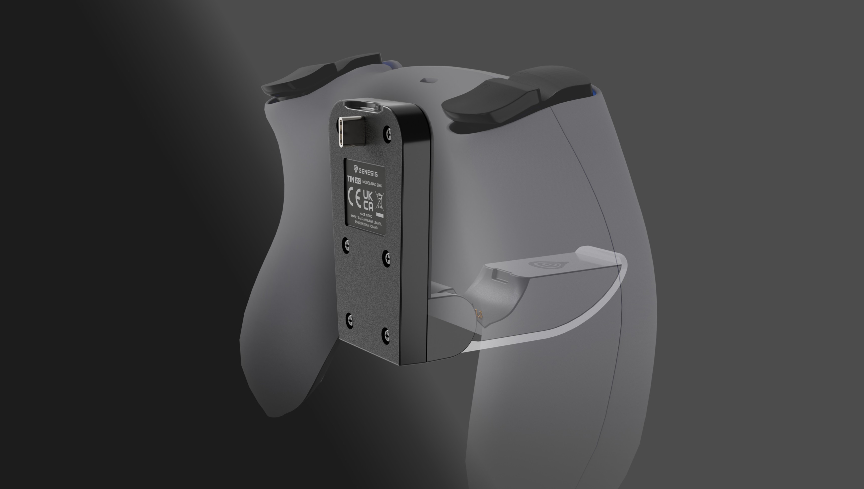 Ładowarka do kontrolera Genesis Tin 300 kompatybilna z PS5, pokazująca port połączeniowy i wyrównanie z tyłu kontrolera