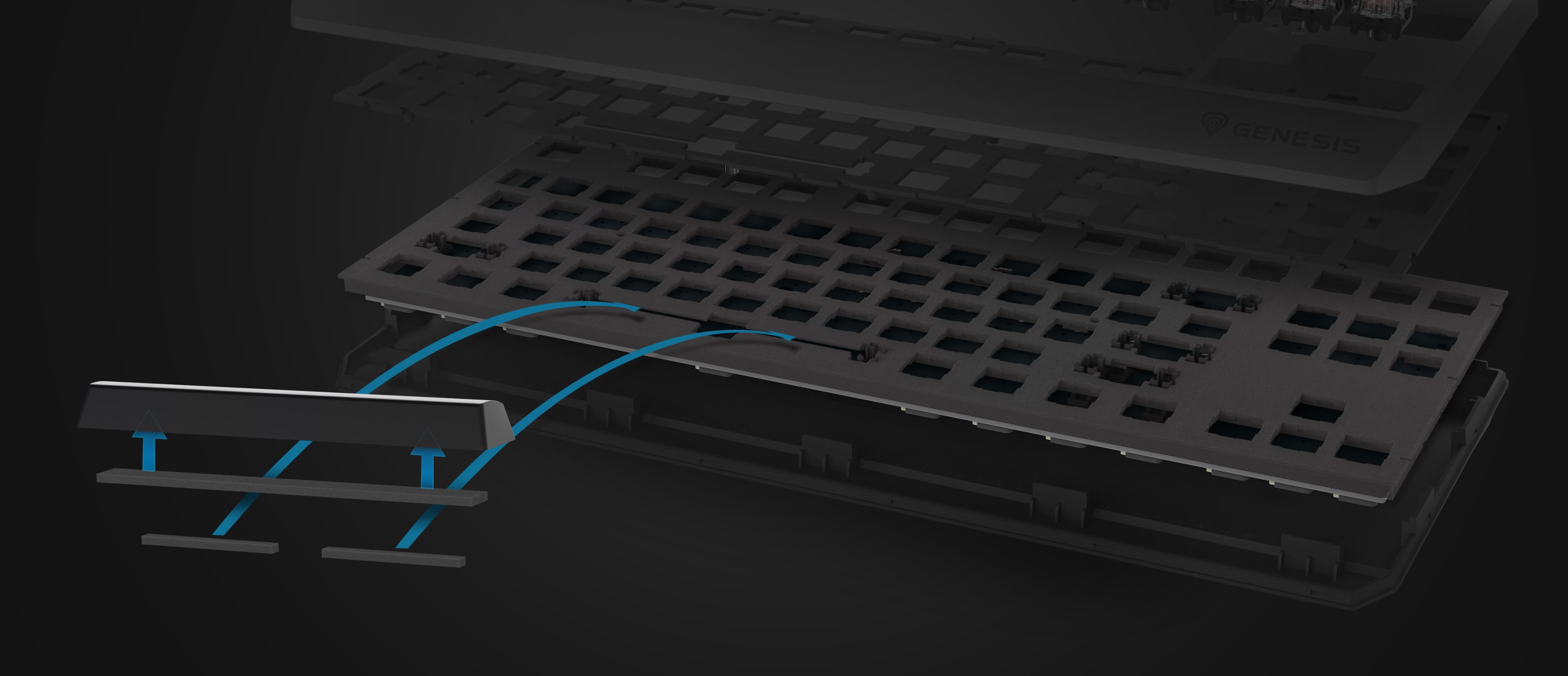 Zbliżenie klawiatury mechanicznej Genesis Thor 230 TKL Lite, podkreślające jej przełączniki klawiszowe z możliwością wymiany podczas pracy i czarny design