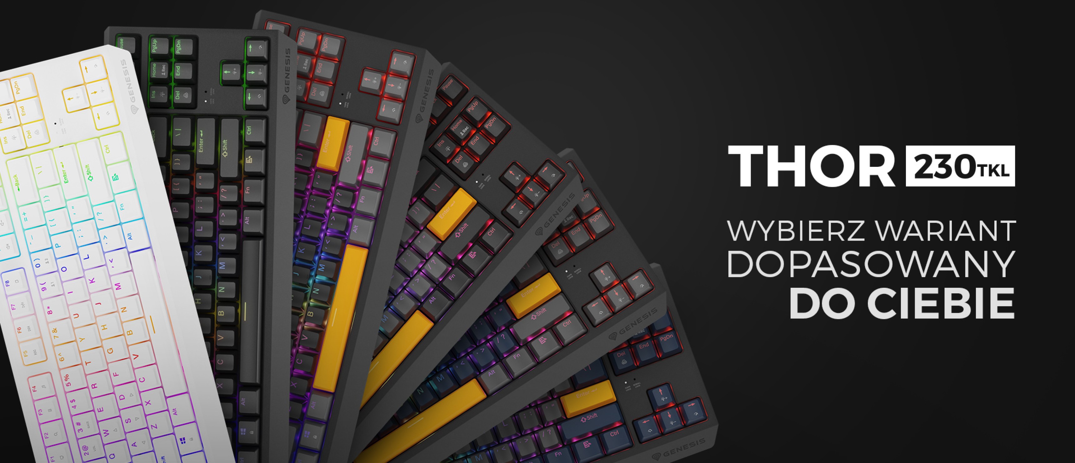 Kolekcja klawiatur mechanicznych Genesis Thor 230 TKL w różnych kolorach z konfigurowalnym podświetleniem RGB