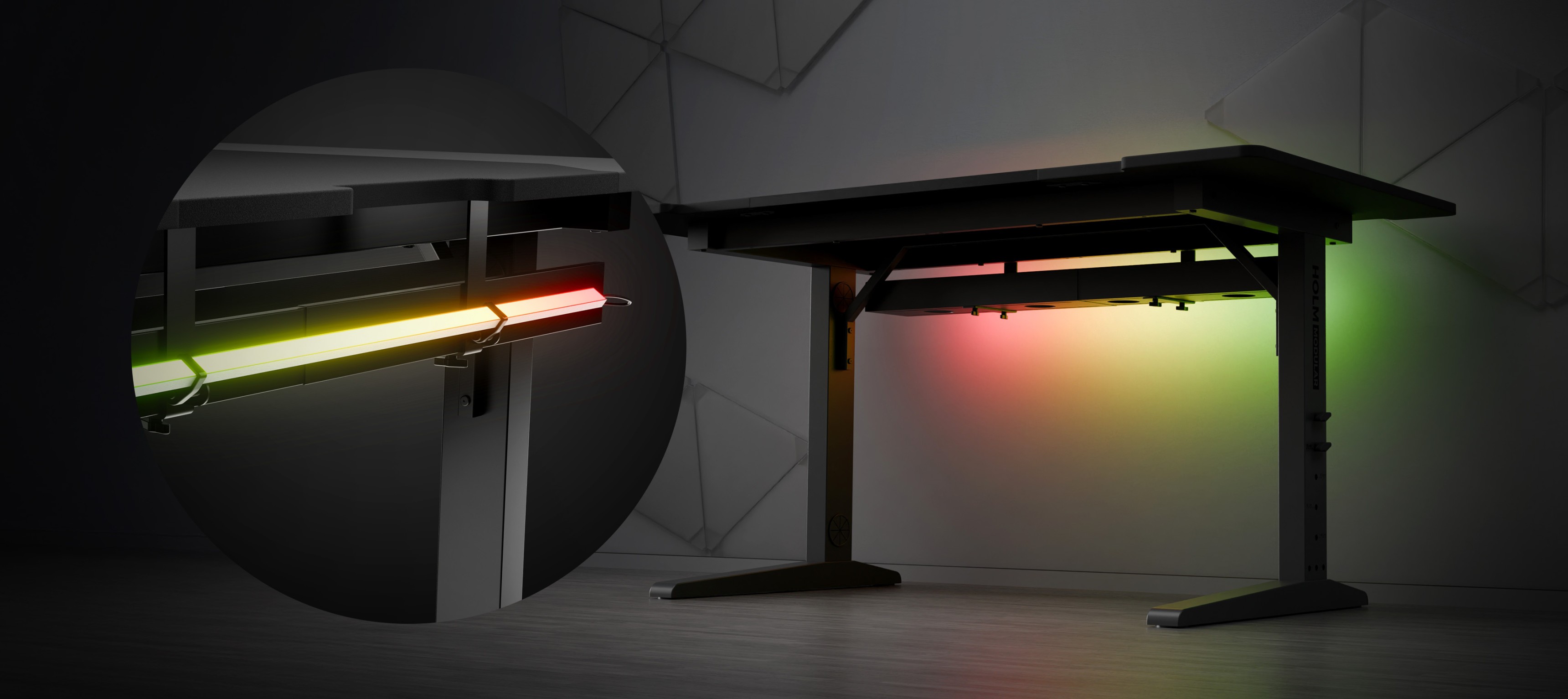 Modułowe biurko dla graczy z oświetleniem LED, regulowaną wysokością i eleganckim wyglądem. Kolorowe światła świecą na żółto i zielono
