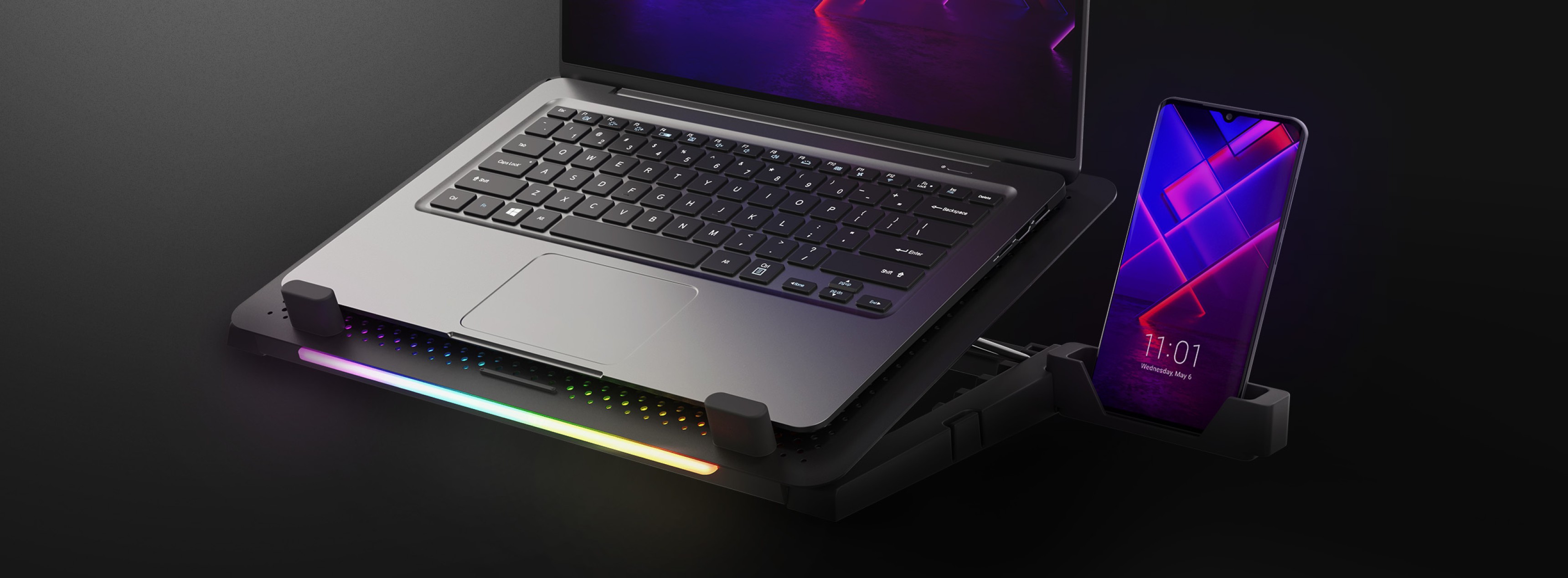 Chłodząca podstawka pod laptopa Genesis Oxid 450 z oświetleniem RGB, wentylatorem i dwoma portami USB, mieszcząca laptopa i smartfon