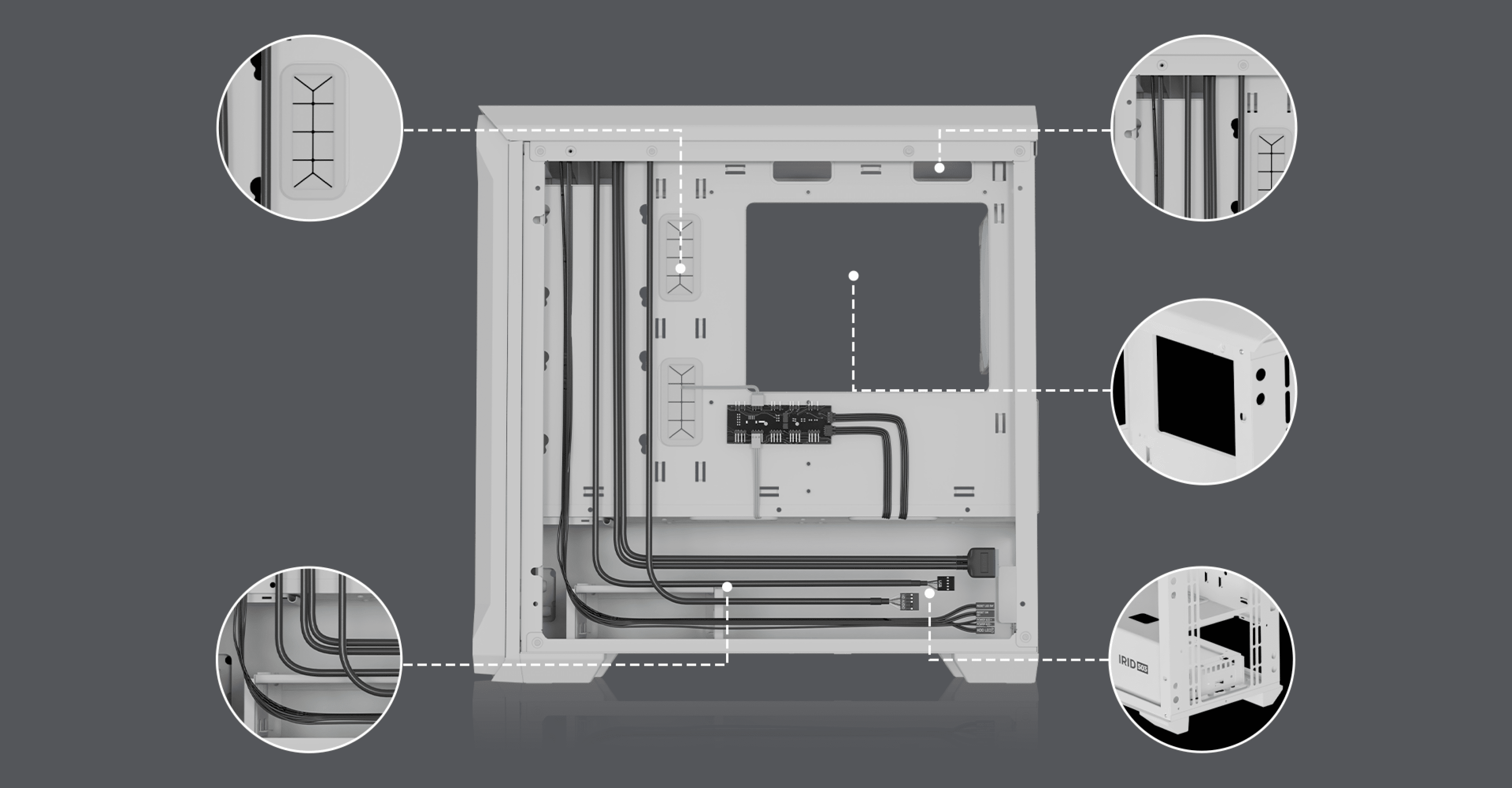 Biała obudowa Genesis Irid 503 ARGB Lite MATX typu Mini Tower charakteryzuje się otwartą konstrukcją z opcjami zarządzania kablami i dużym bocznym oknem