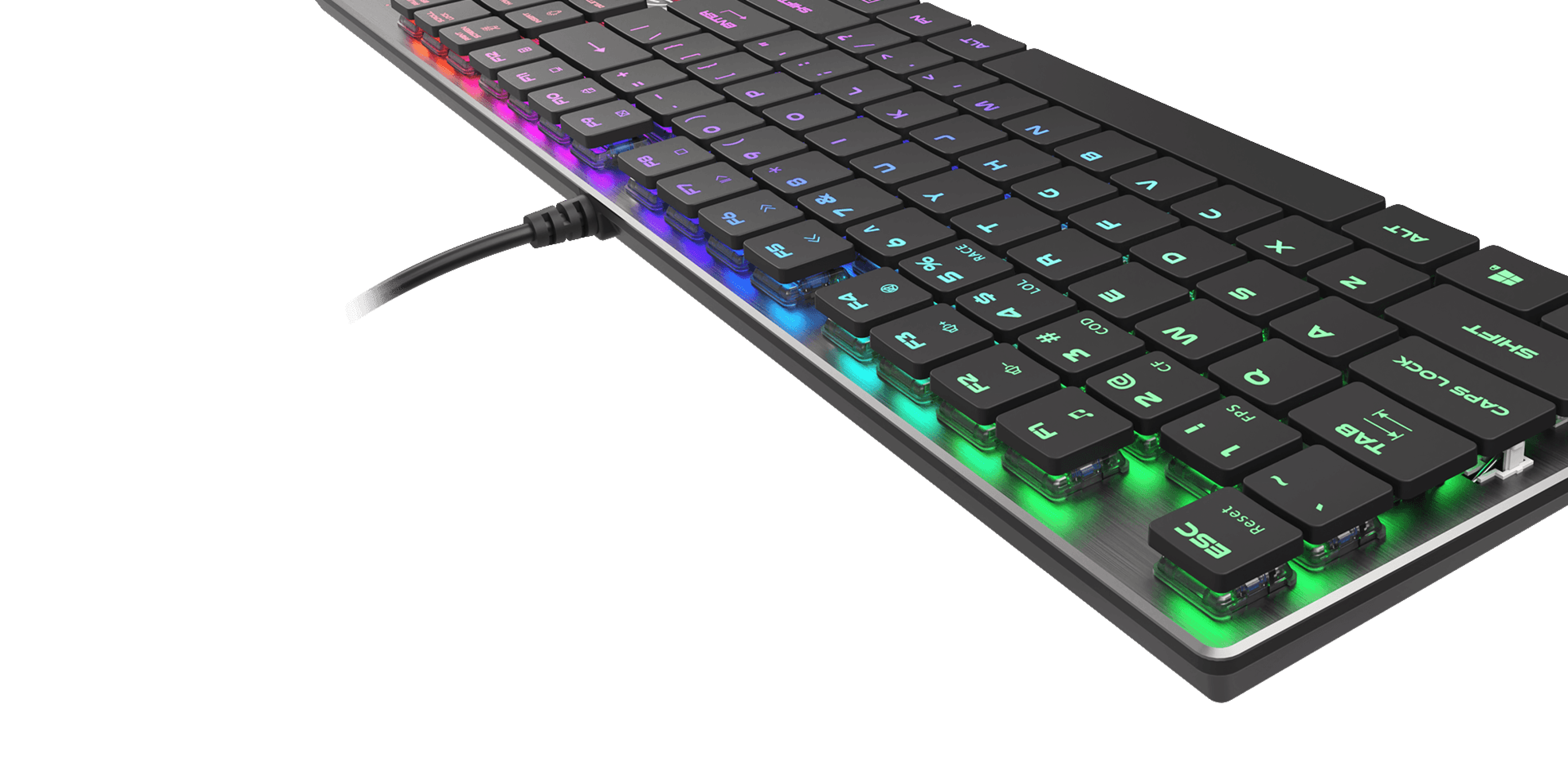 Podświetlana RGB mechaniczna klawiatura do gier z niebieskimi przełącznikami, charakteryzująca się smukłą konstrukcją i żywym, wielokolorowym podświetleniem
