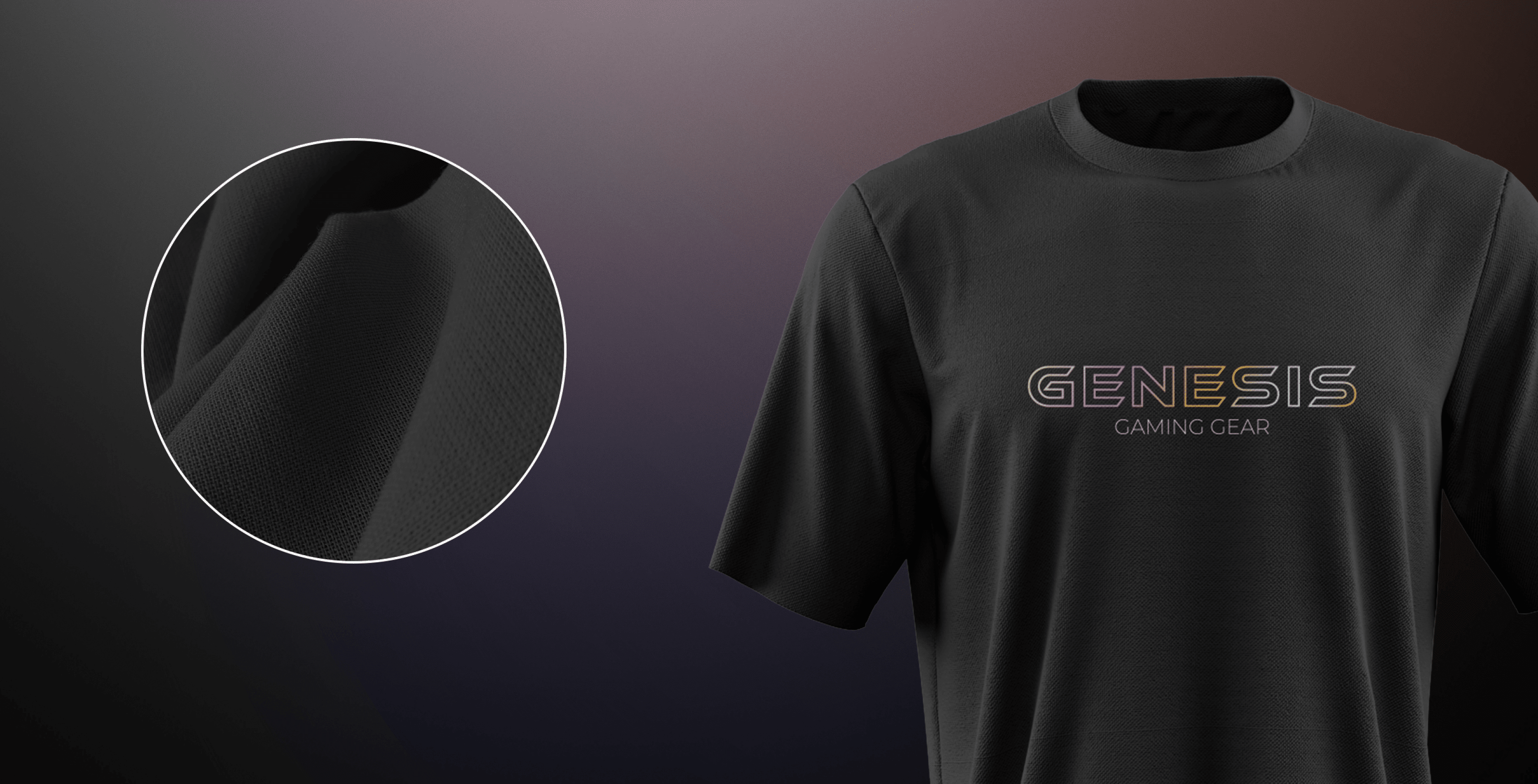 Czarna koszulka z logo "GENESIS GAMING GEAR" z kolorowym, holograficznym napisem. Zbliżenie na widoczną teksturę materiału