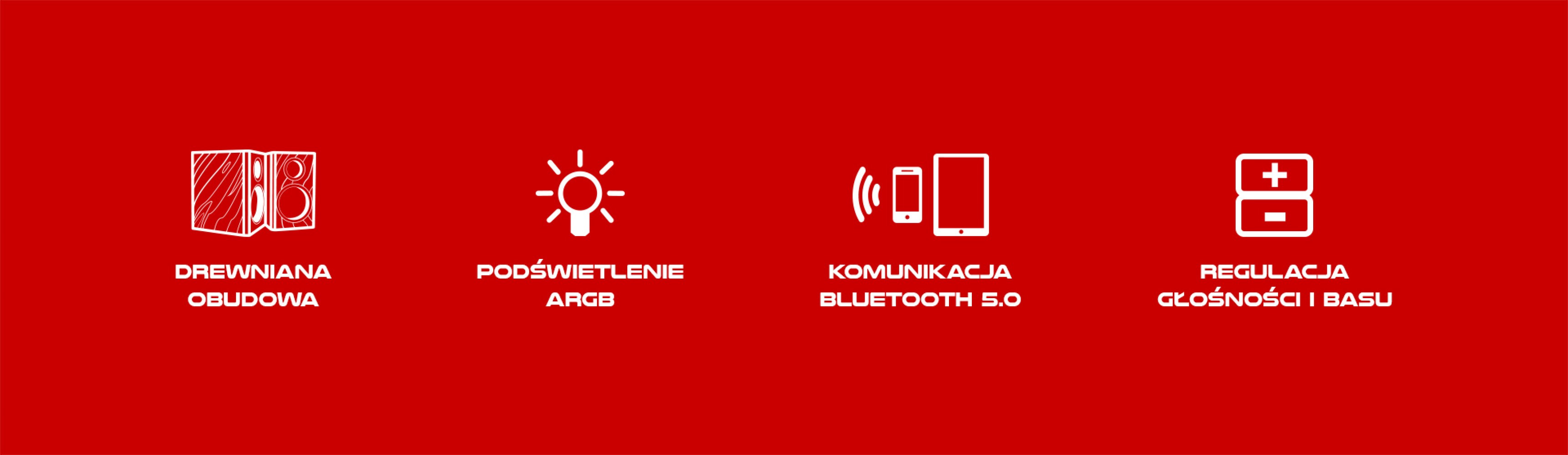 Ikony reprezentujące cechy głośników Genesis Helium 300BT: drewniana obudowa, oświetlenie ARGB, łączność Bluetooth 5.0 i kontrola basów.