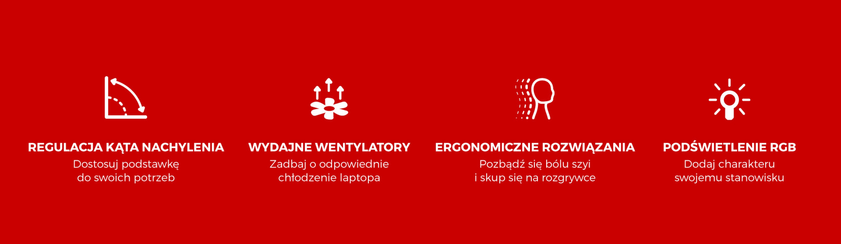 Ikony reprezentujące cechy podkładki chłodzącej pod laptopa Genesis Oxid 850: regulowany kąt nachylenia, wydajne wentylatory, ergonomiczna konstrukcja i oświetlenie RGB