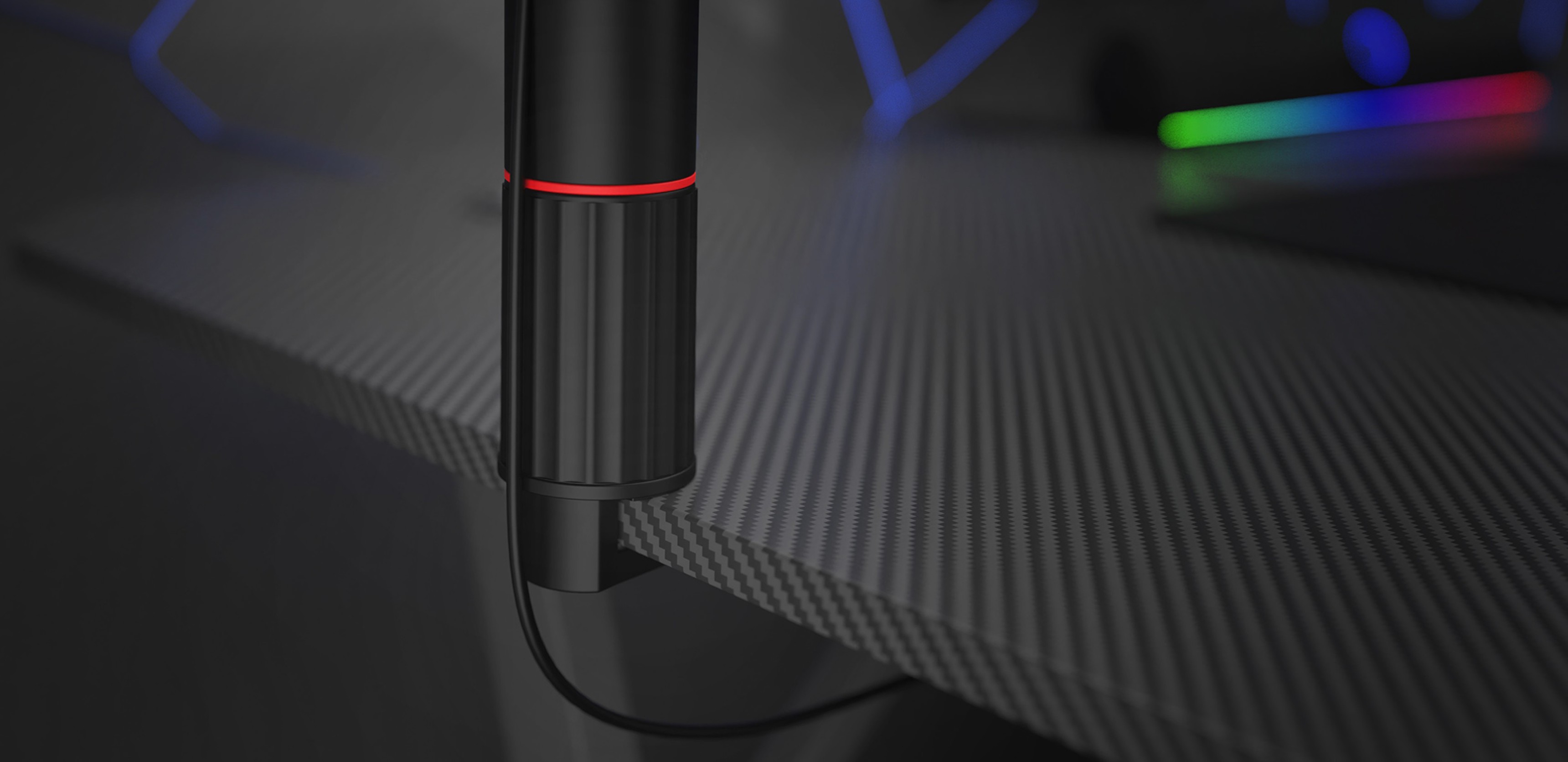 Ramię mikrofonu dla Genesis Thulium 700, charakteryzujące się eleganckim czarnym wzornictwem z czerwonym akcentem, zamontowane na teksturowanej powierzchni